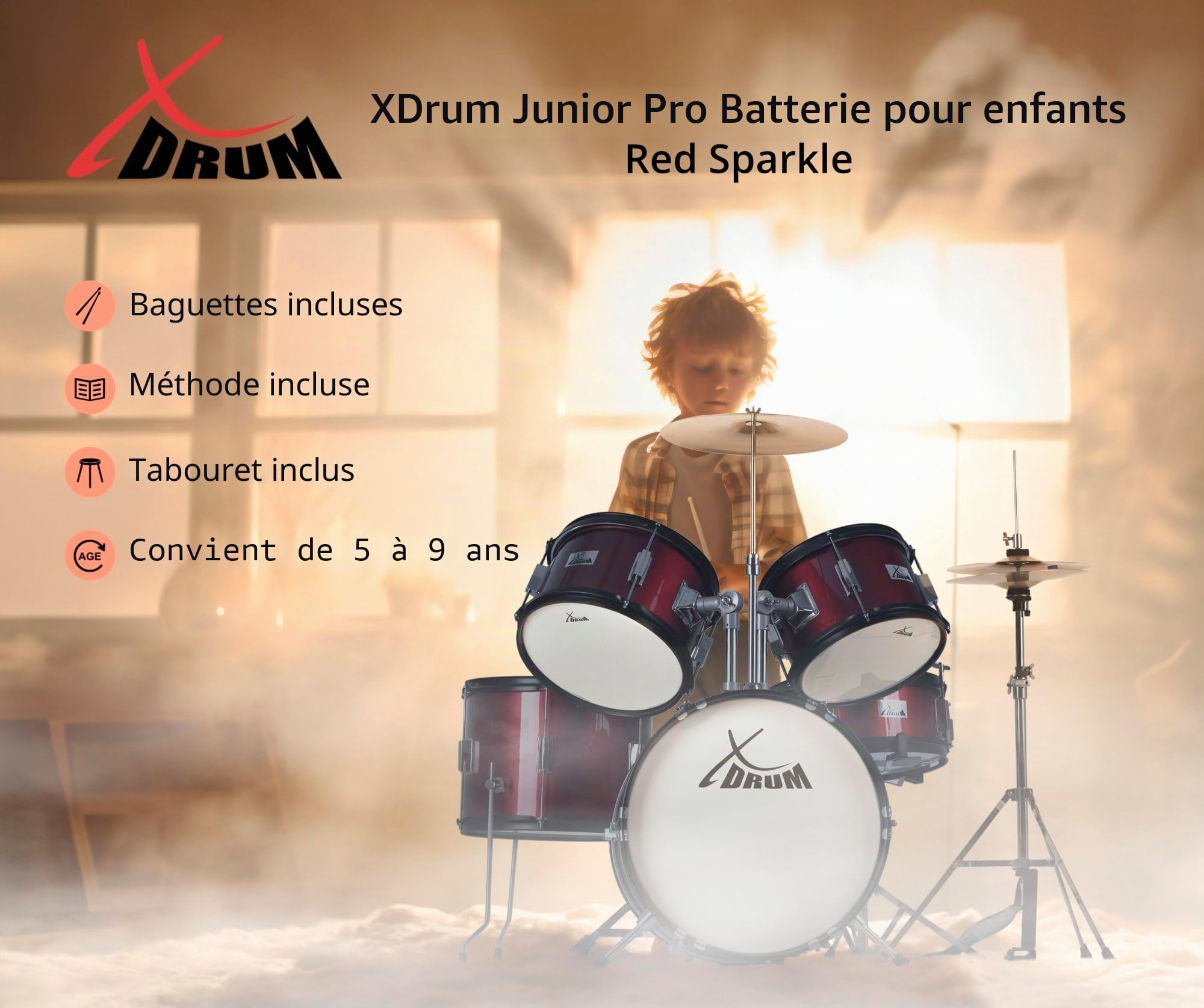 XDrum Junior Pro Batterie Enfant Rouge incl. École, Batterie composée de | Matériel 5 pièces simple, Grosse caisse 16", Pédale, HiHat 10", Caisse claire 12", Deux toms 10" et 11", Tom basse 13"
