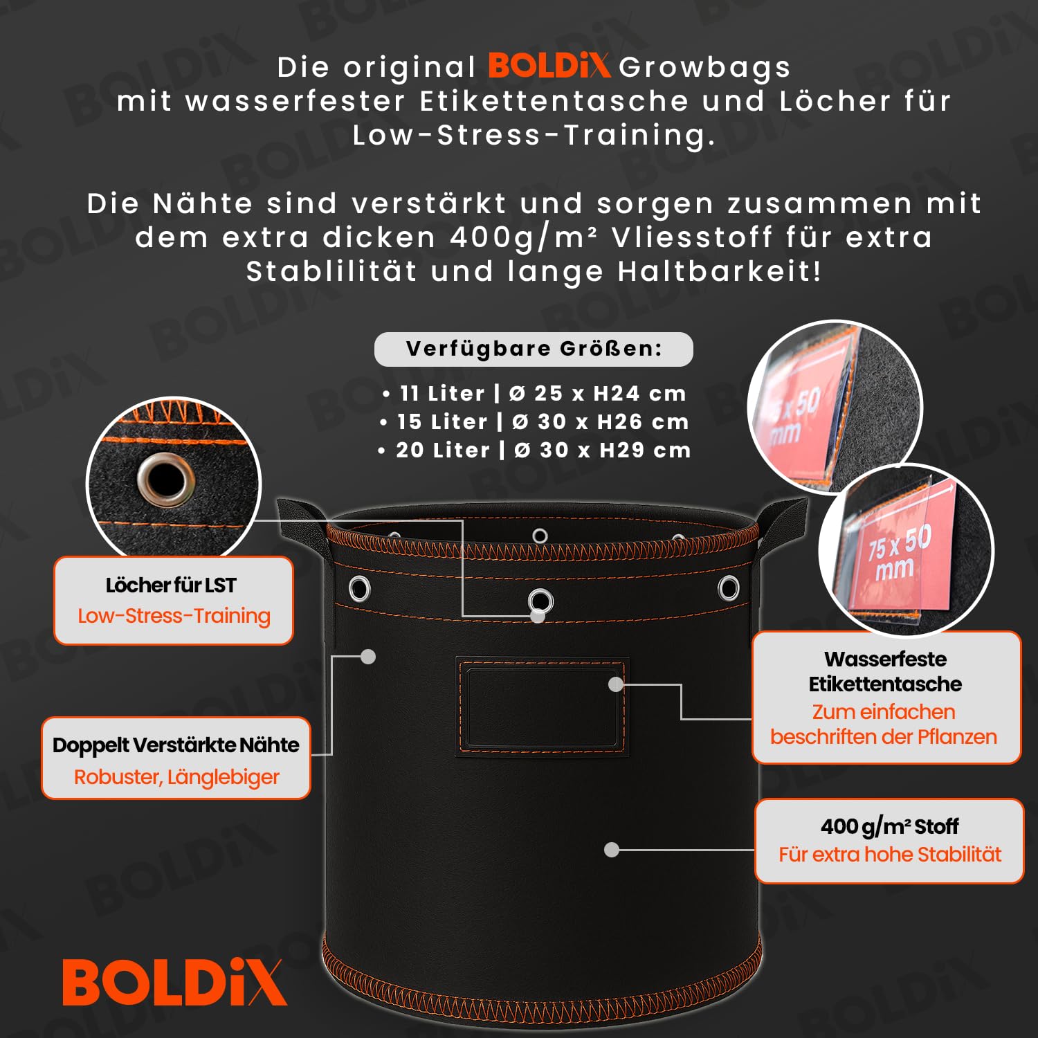 Growbags 20L V2 [5er Set] – Extra Dicke Stofftöpfe 400g/m² mit Messing-Ösen für LST & Wasserfester Etikettentasche | Pflanzsack Vliesstoff Wiederverwendbar BPA-frei für Tomaten, Gemüse & Garten