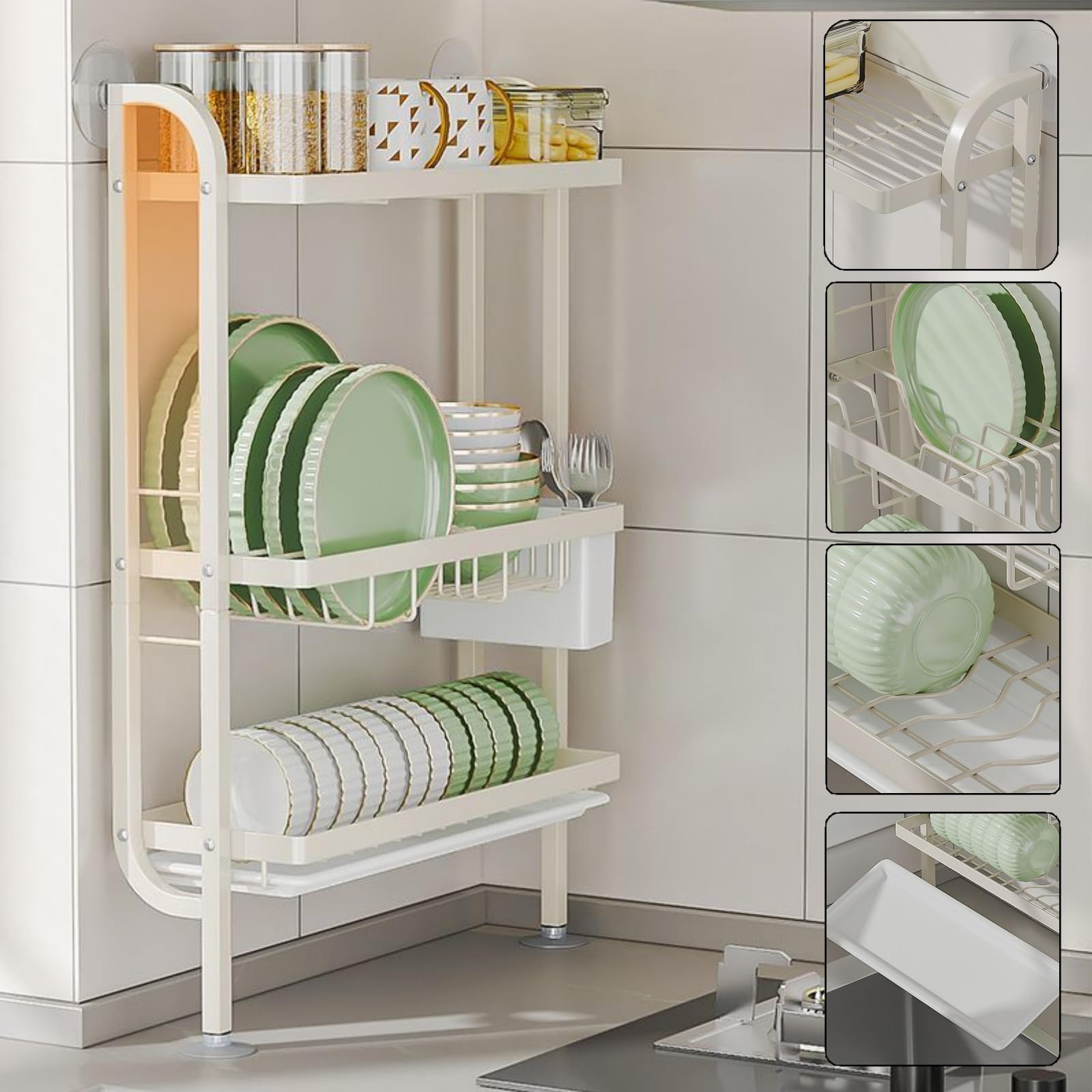 Escurridor de platos de 3 niveles sobre el fregadero con bandeja de goteo y soporte para cubiertos, organizador de cocina que ahorra espacio para platos, cuencos y tazas, elegante diseño negro para