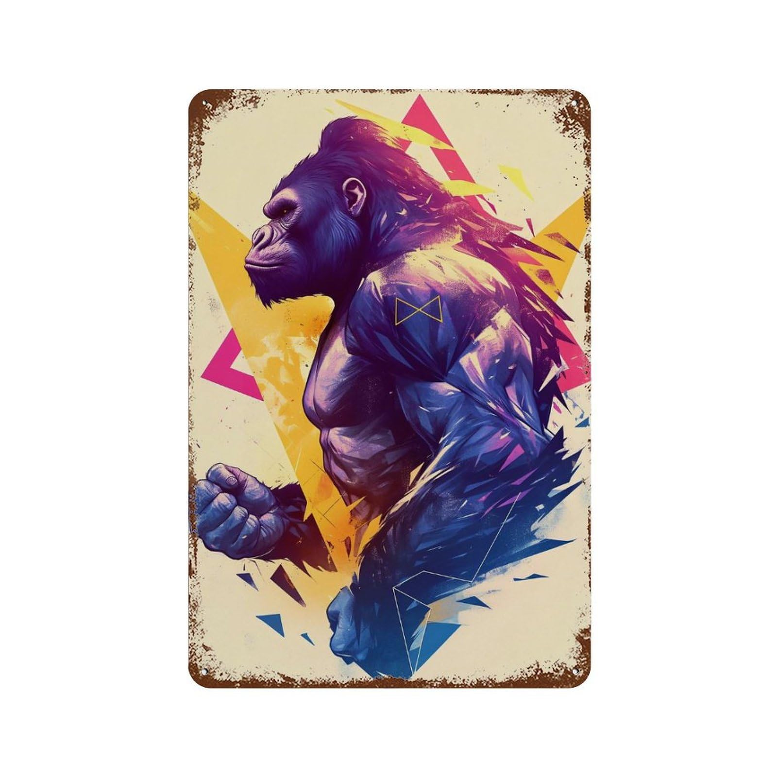 Rust Effect Geometric Gorilla Art Rusty Metal Tin Sign 11.8"x7.9", Industrial Home Decor for Living Room, Hallway And Home Decor