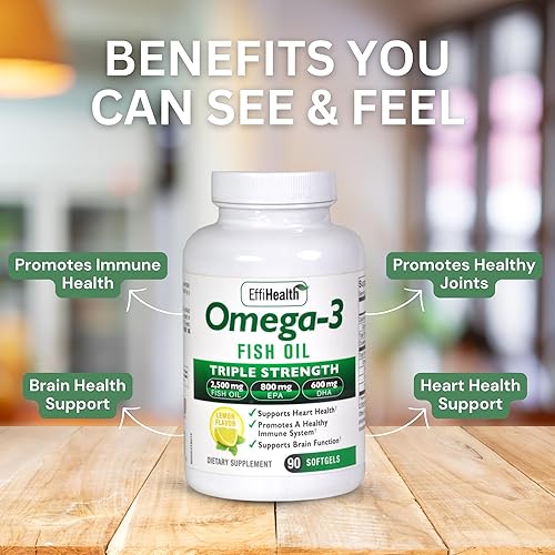 Miniatura 5 de EffiHealth - Aceite de pescado Omega-3 - Aceite de pescado de triple fuerza de 2500 mg, 1200 mg de EPA, 600 mg de DHA - Apoya la salud del corazón,