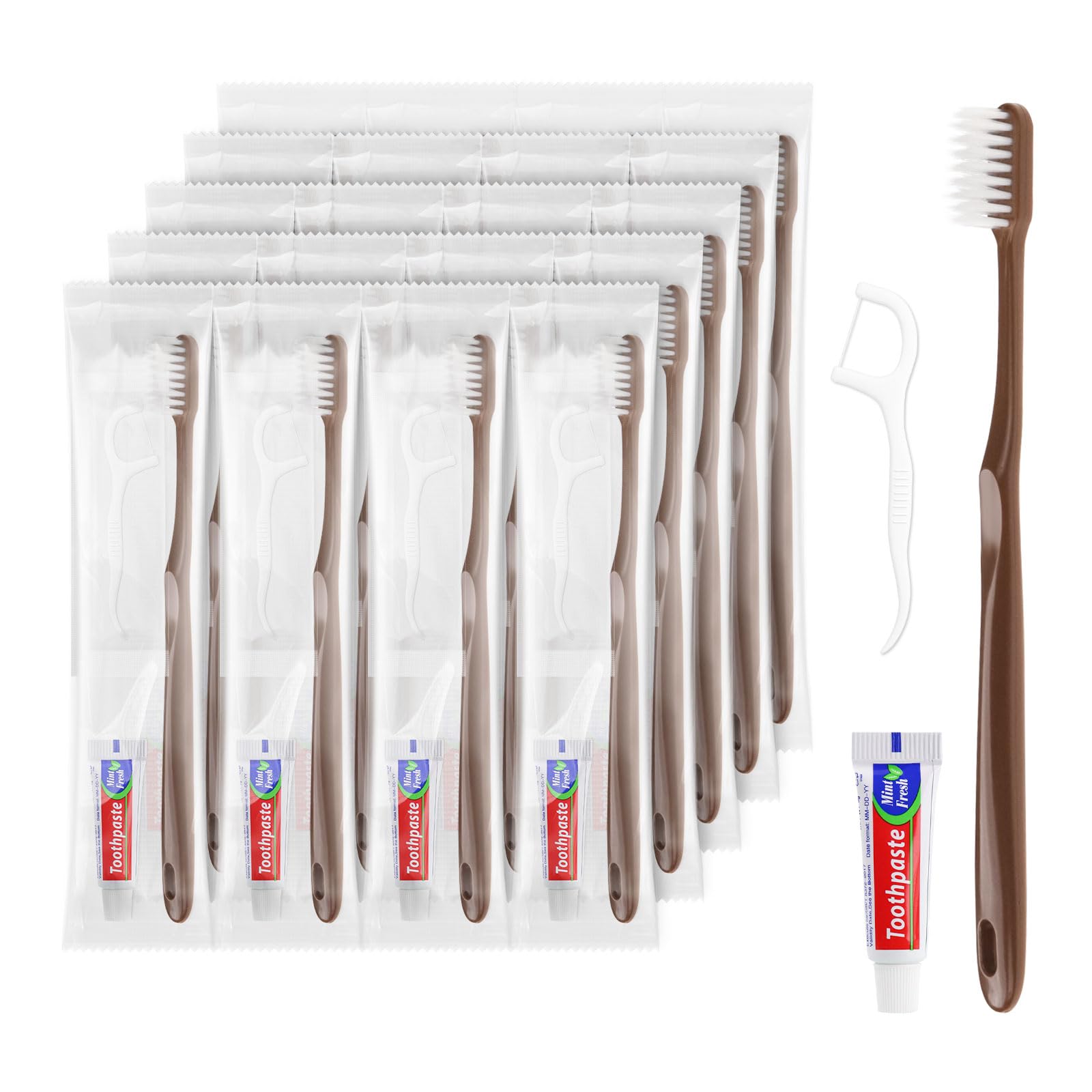 Spazzolino da denti usa e getta da viaggio, spazzolino e dentifricio, confezionato singolarmente, marrone, con plettri per filo interdentale, adatto per hotel, casa, campeggio, viaggi (confezione da
