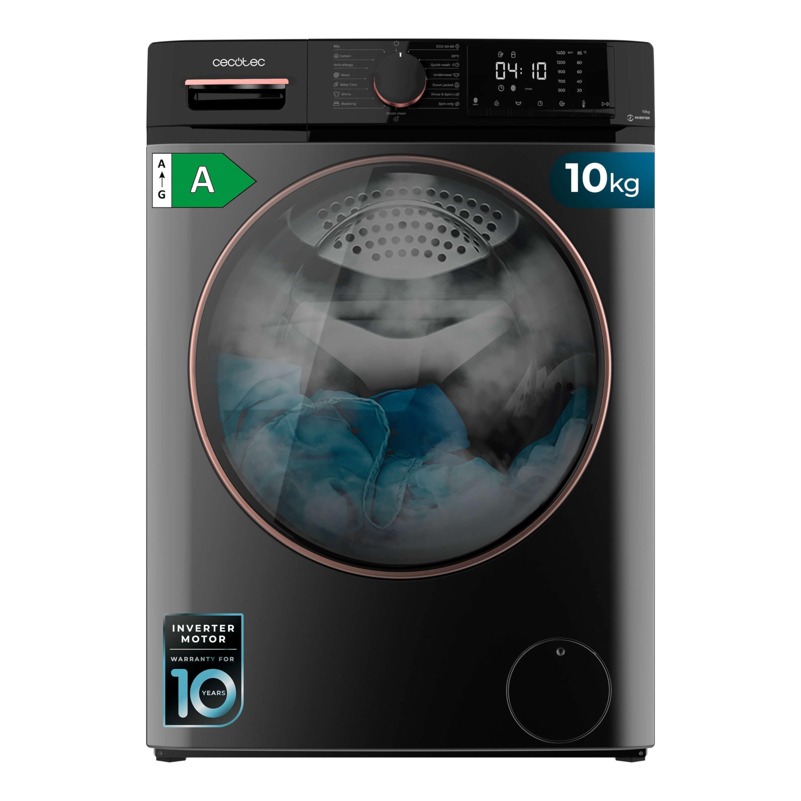 Cecotec Lavadora 10Kg Carga Frontal Bolero DressCode 10610 Inverter Steel A. 1400 RPM, Steam Max, Motor Inverter Plus, 15 Programas, OnSmart, Smooth Wash, Stop&Go, Goma Antibacteriana, Drum Clean Etiqueta Energética