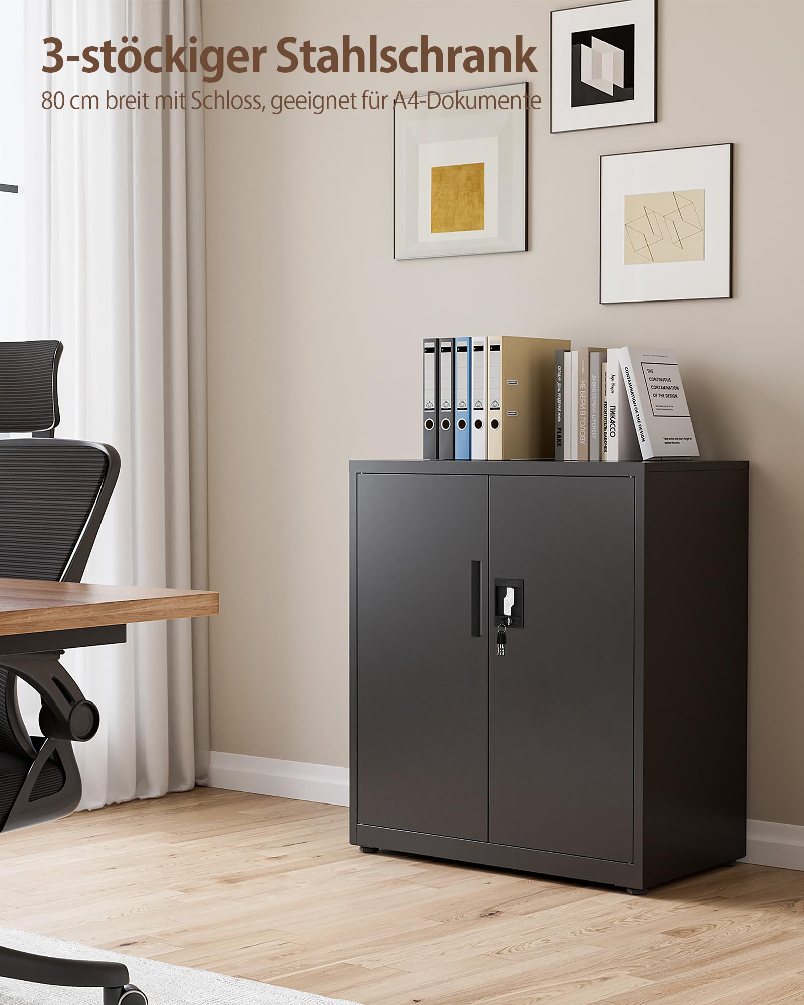 LAND·VOI Stahlschrank 3 Ebenen mit Schloss verstellbare Einlegeböden Doppeltüren Aktenschrank Werkzeugschrank für Büro Garage Haushalt Werkstatt 80x40x91.5 cm Schwarz