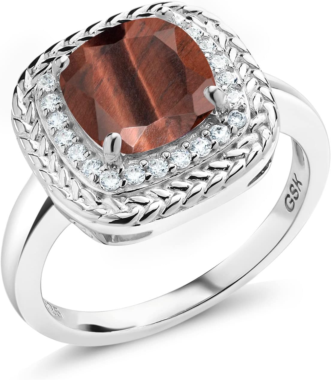 Gem Stone King 925 Sterling Silver 8MM Cushion Gemstone Birthstone Halo Engagement Ring | Wedding Engagement Anniversary Promise Ring For Women | Available In Size 5, 6, 7, 8, 9