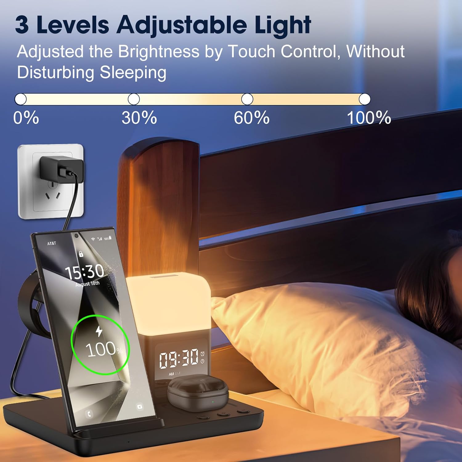 Wireless Charger for Samsung/Android,6 in 1 Alarm Clock Charging Station for Bedrooms with Bedside Clock Night Light for Samsung S25/S24/S23 Ultra/Buds,Watch Charger only for Galaxy Watch 8/7/6-Black - Image 4