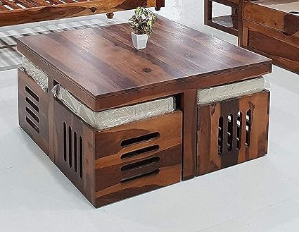 BROLET Sheesham Wood Coffee Table with 4 Stools for Living Room (Provincial Teak) | Small Brown Wooden Center Table | Wooden Coffee Table | Tea Table | Coffee Table for Home