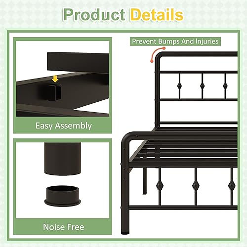 Miniatura 5 de Base de cama individual de 14 pulgadas con cabecero y estribo, marco de cama de metal resistente, estilo victoriano, no necesita somier, fácil