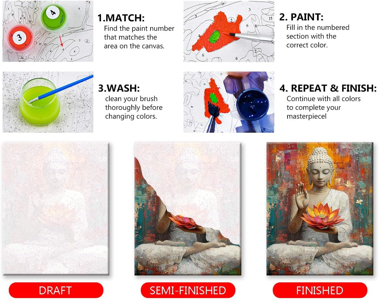 TUMOVO Paint by Numbers Kit for Adults Statue of Buddha Adult Paint by Number with Brushes Buddha Holding Colorful Lotus Flower Painting Oil Paint by Numbers DIY Painting Art Crafts for Home 16x20 in