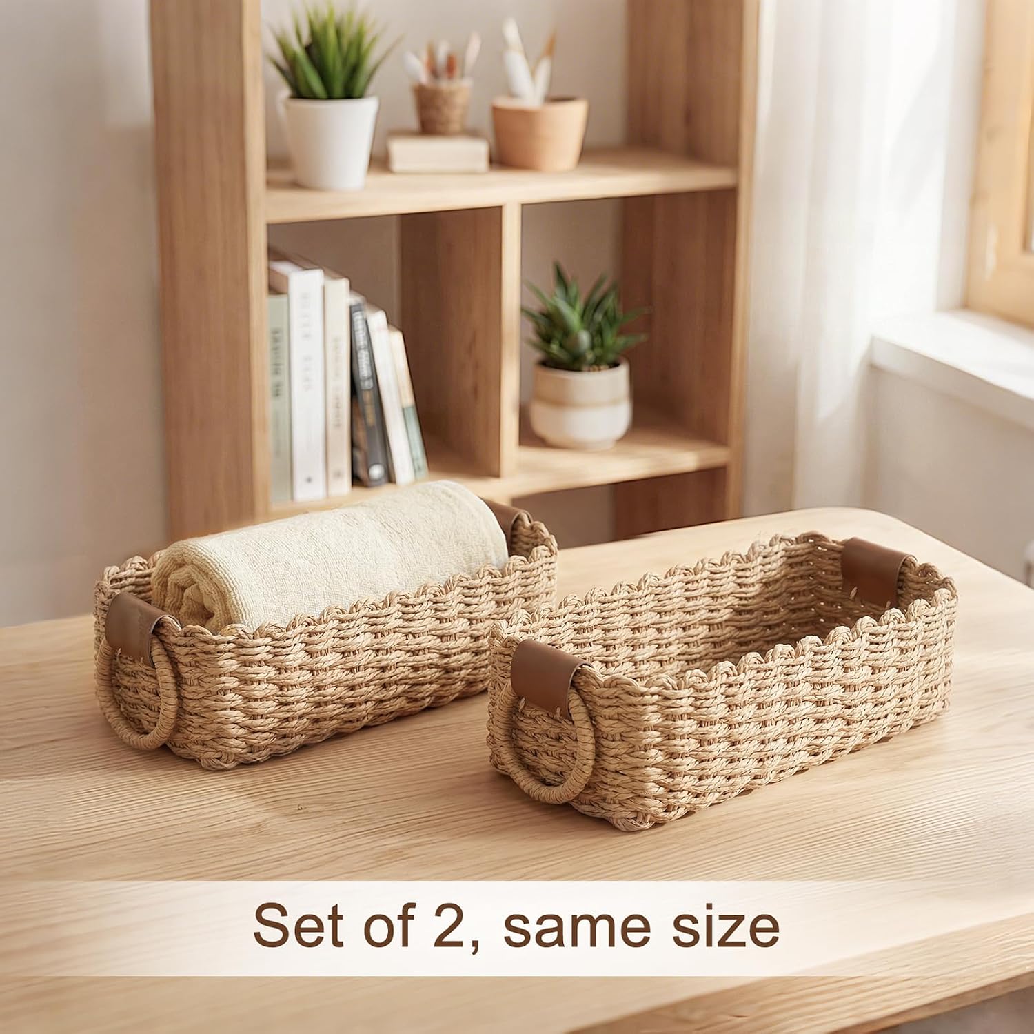 Mkono Small Woven Basket for Organizing, 2 Pack Paper Rope Baskets Decorative Storage Bins with Handle, Cute Wicker Countertop Container Organizer for Shelves, Living Room, Bedroom, Home Decor