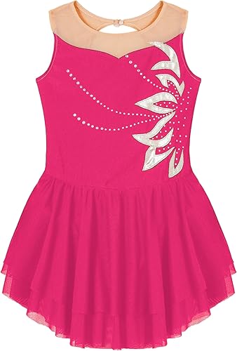 Miniatura 3 de winying Vestido de patinaje sobre hielo artístico para niñas, con diamantes de imitación brillantes, sin mangas, leotardos de ballet, vestido de