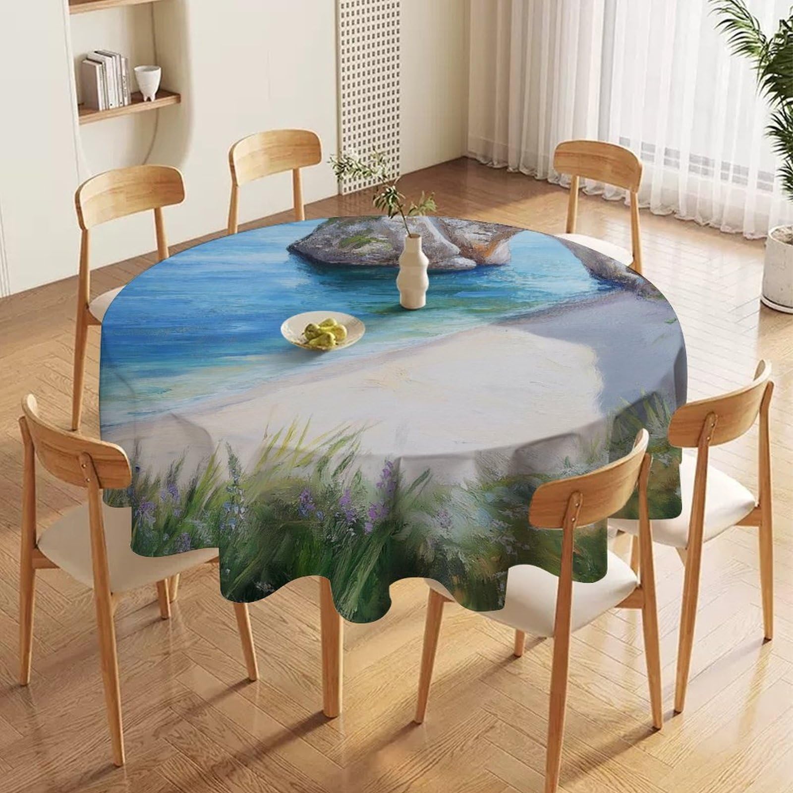 ORDOBO 3D Print Round Tablecloth - Beautiful Sea View Round Countertop Decoration Cover Waterproof Wipeable Dust-Proof For Kitchen Dining Home 152X152Cm