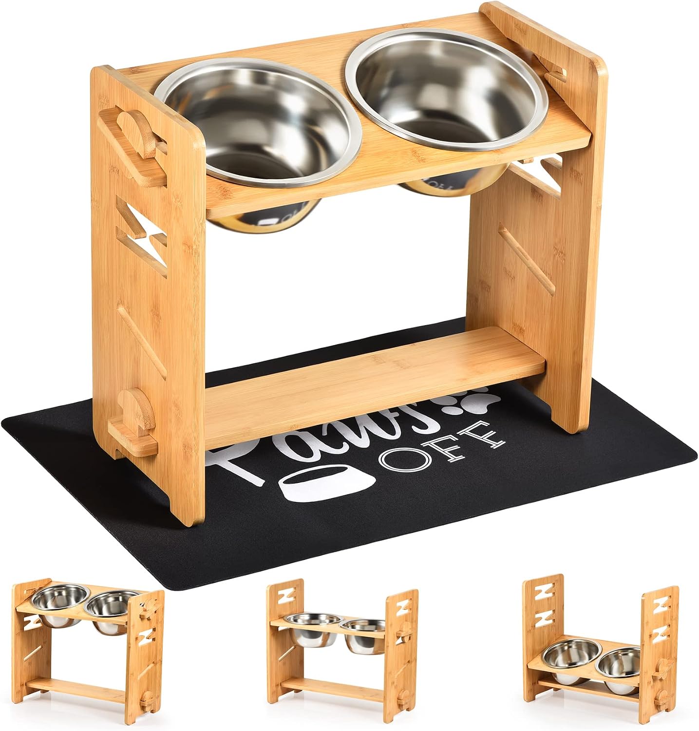 Elevated Dog Bowls, Adjustable Bamboo Raised Dog Bowl Stand - Adjusts to 3 Heights, 4”, 8", 12'' with 2 Stainless Steel Dog Bowls and…