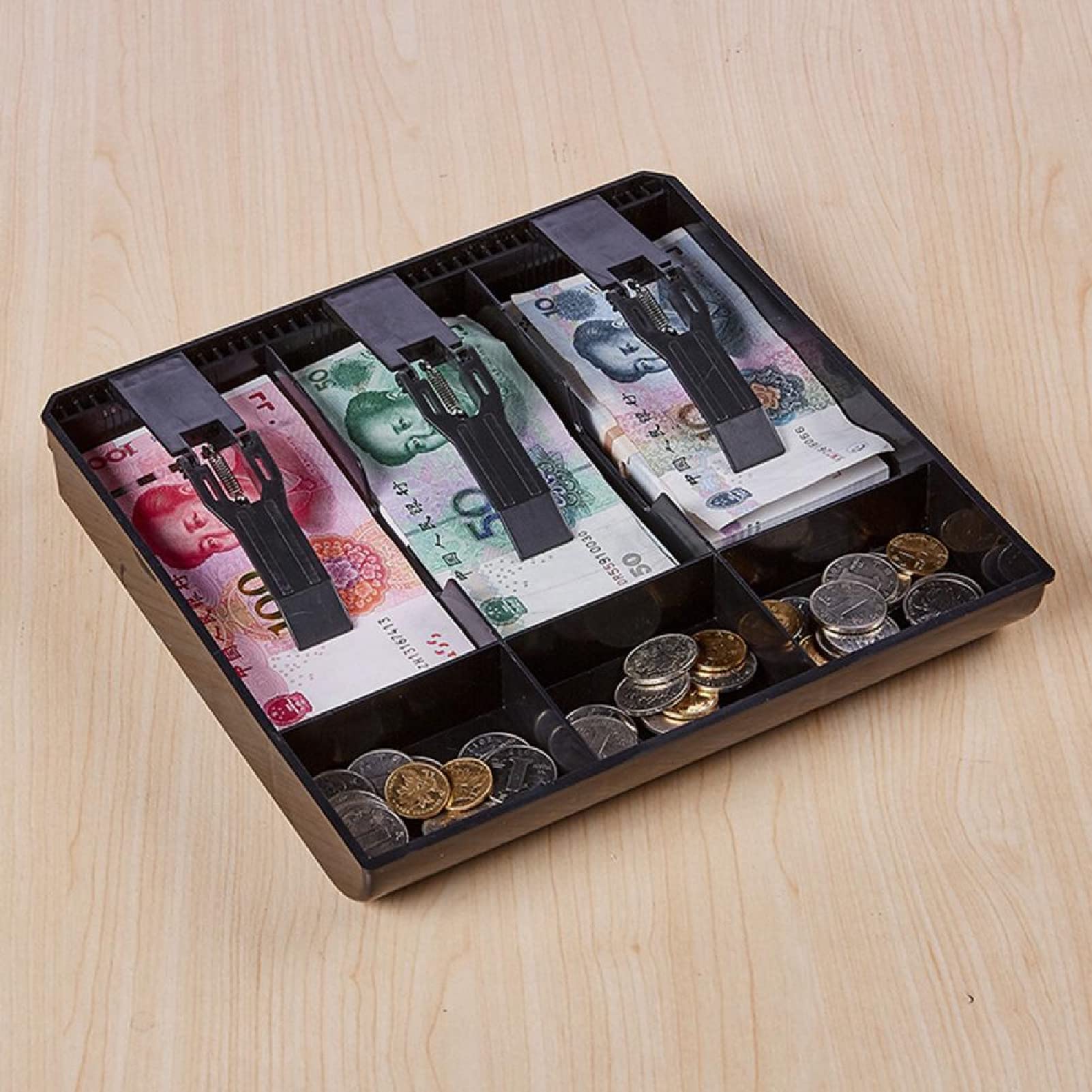 Tiiyee Bandeja de Efectivo, Caja Registradora Cajón Registro Insertar Reemplazo con 3 Billetes 3 Monedas Bandejas Inserción Almacenamiento Dinero Seguridad Organizador para Supermercado Banco(Negro)