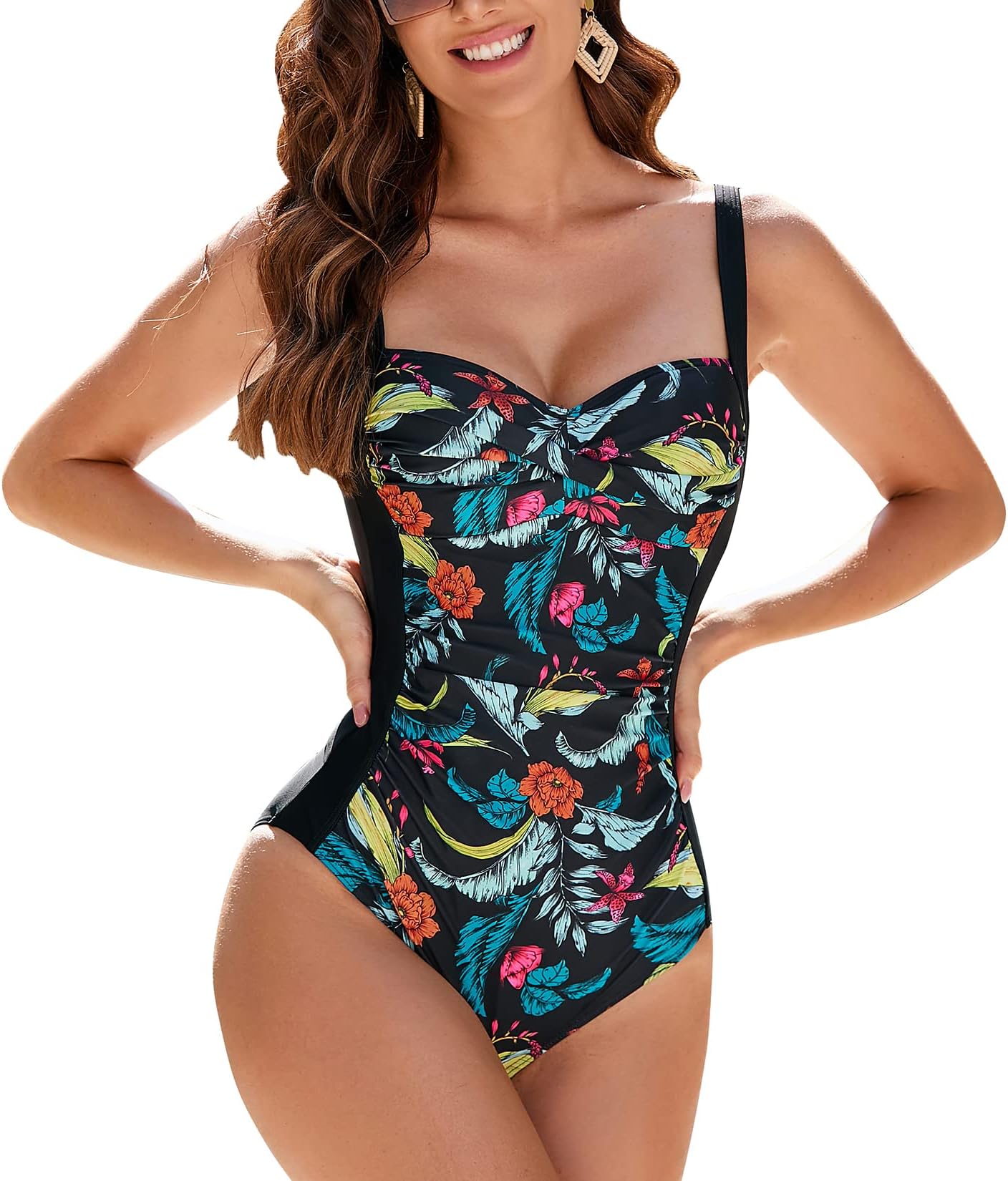 WIN.MAXOne Piece Swimming Costume Tummy Control Swimsuit Ruched Padded Swimwear, Plus Size Bathing Suits for Women Vintage Push Up Monokinis,for C to DD Cup