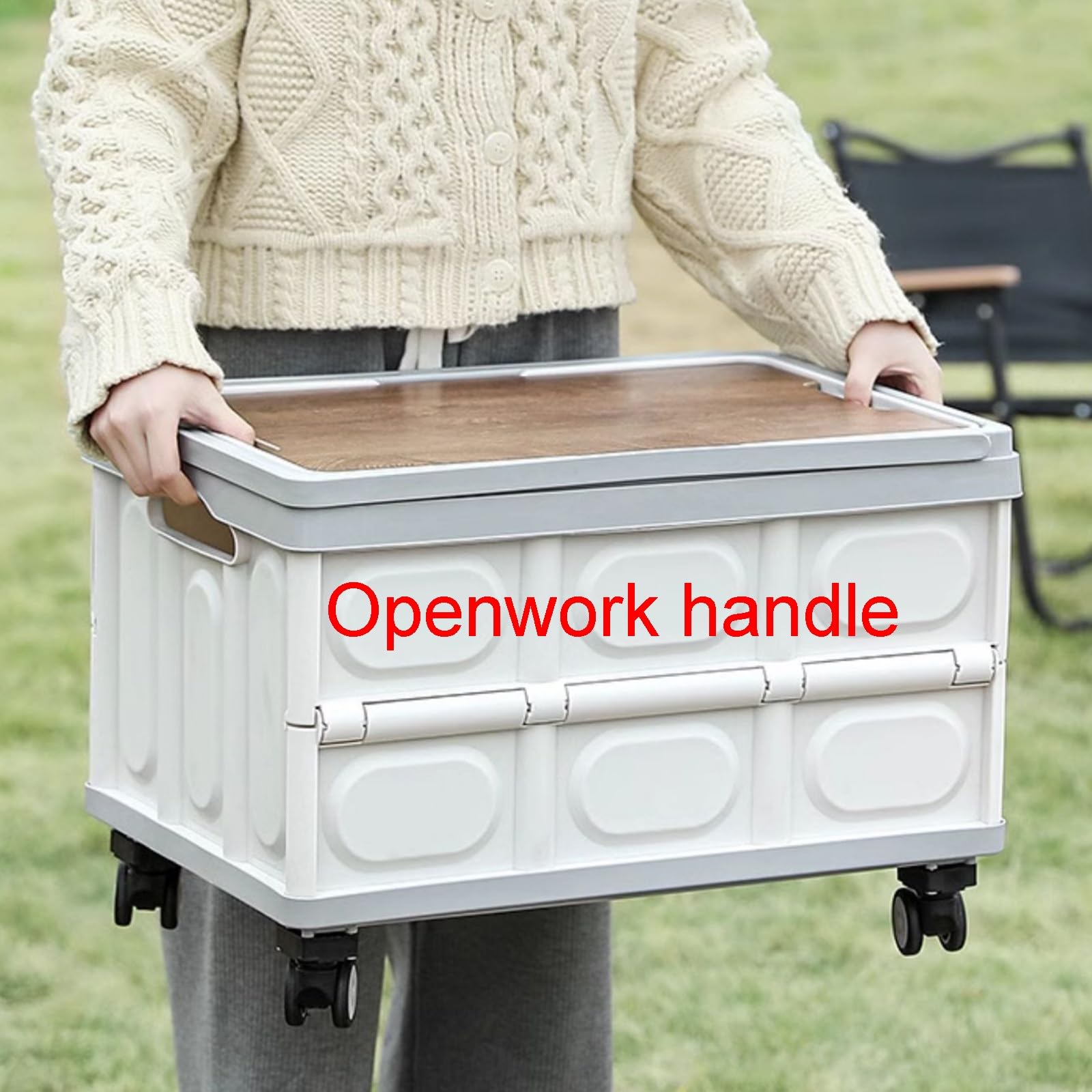 Outdoor-Camping-Aufbewahrungsbox mit hohlen Griffen, tragbarer Hand- oder Ziehwagen, abnehmbarer Holzdeckel, 18 l Fassungsvermögen, für Campingausrüstung und Zubehör