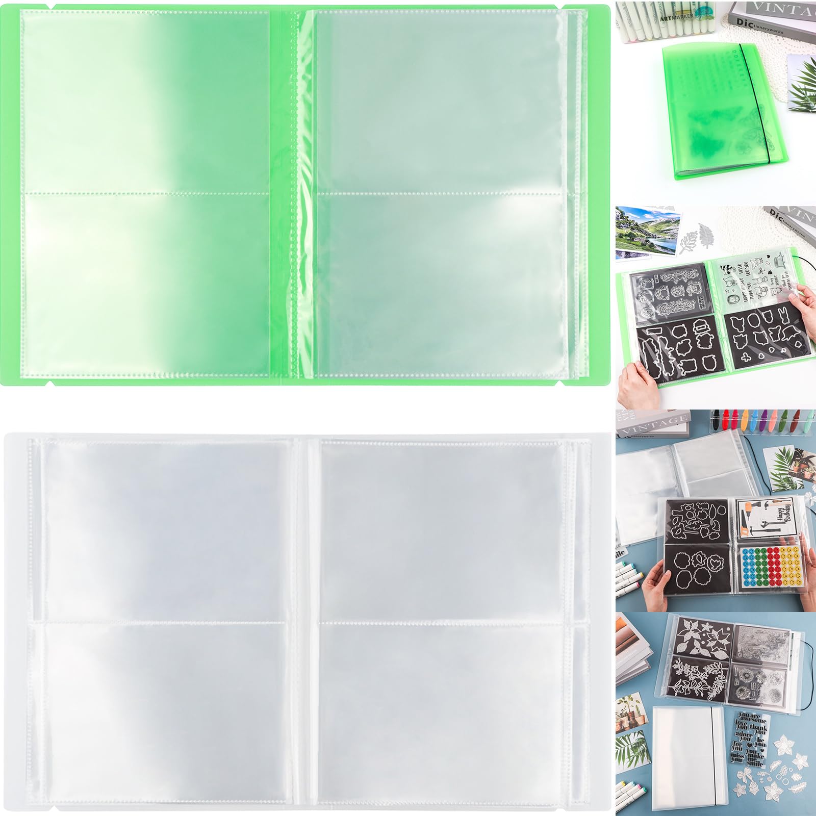 2 Pack Large Sticker Photo Storage Album, Stamp &amp; Cutting Dies Storage Book Organizer Folder for Cards Storage DIY Scrapbooking Card Making Supplies 20 Pages 80 Pockets/Pack (Clear + Green)