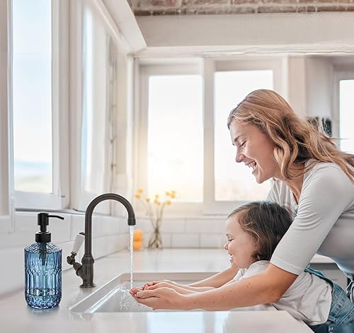 Vista 4 de JASAI Dispensador de jabón azul de 18 onzas con bomba negra a prueba de óxido, dispensador de jabón de baño recargable con vidrio grueso, Bomba