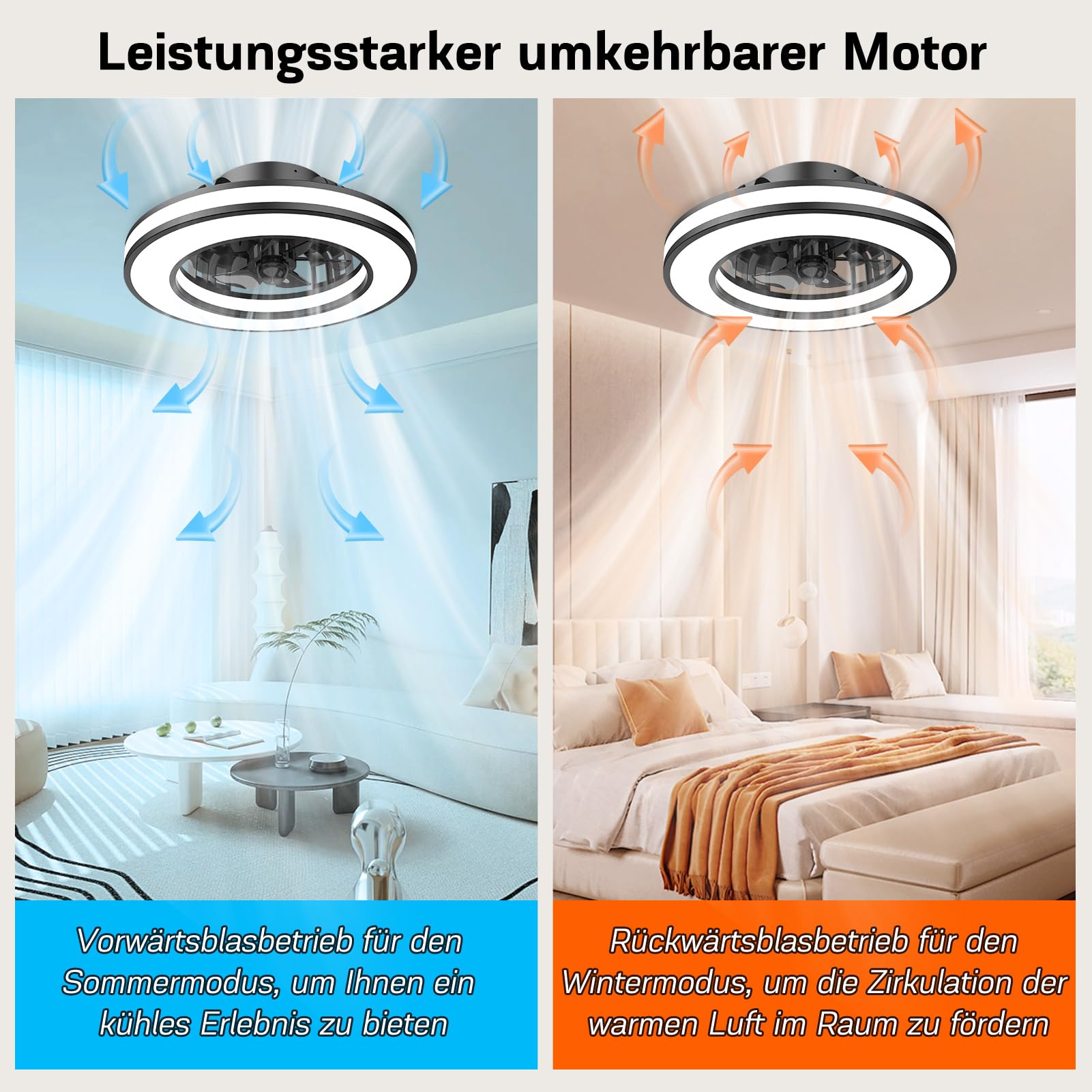Nigecue 50W Deckenventilator mit Beleuchtung, Ø42CM, Fernbedienung, 3000K-6500K, RGB, 6 Windstufen, Timer, 3200lm