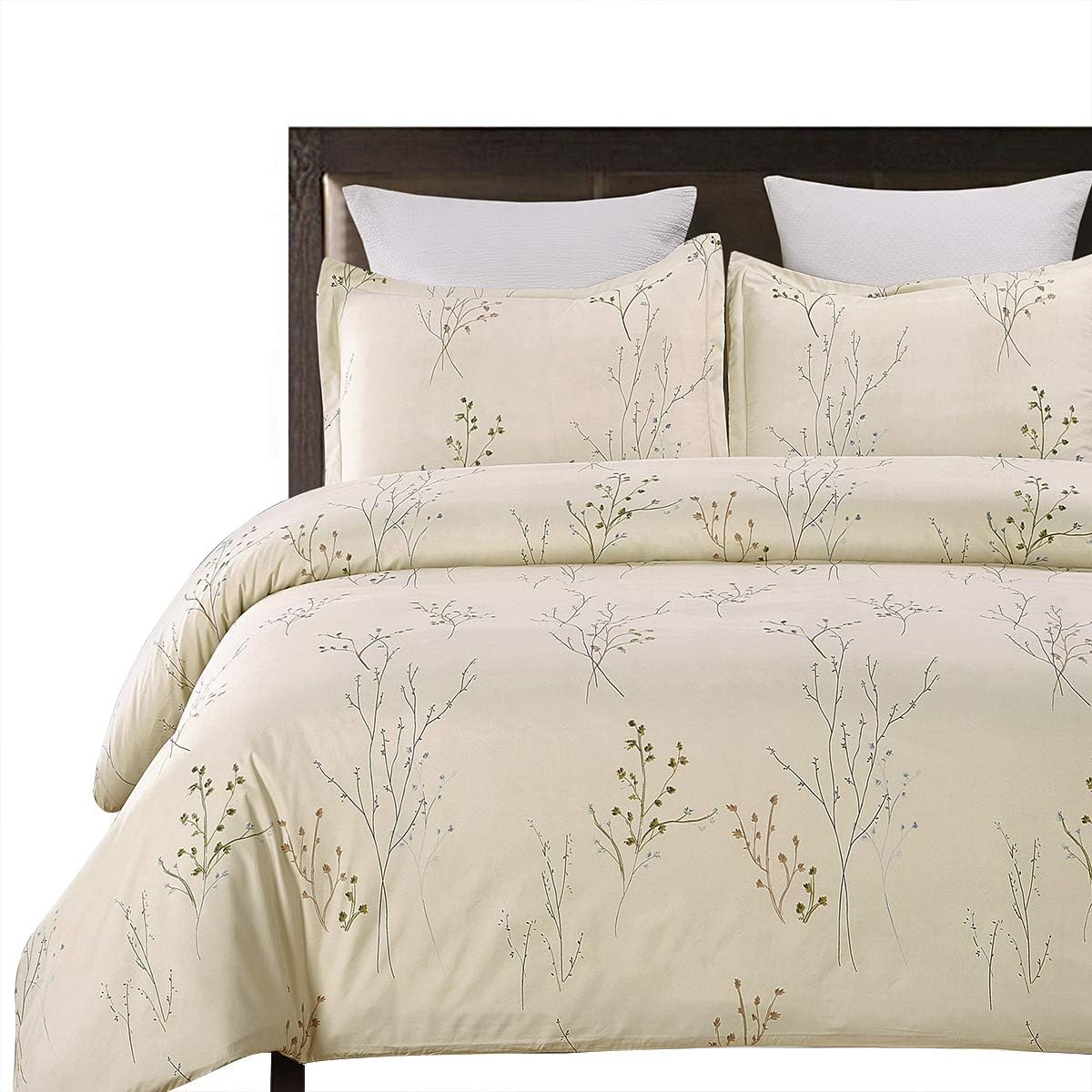 Vaulia Soft Microfiber Duvet Cover Set, Branches Printed Pattern, with Zipper Closure, Beige Color - Queen