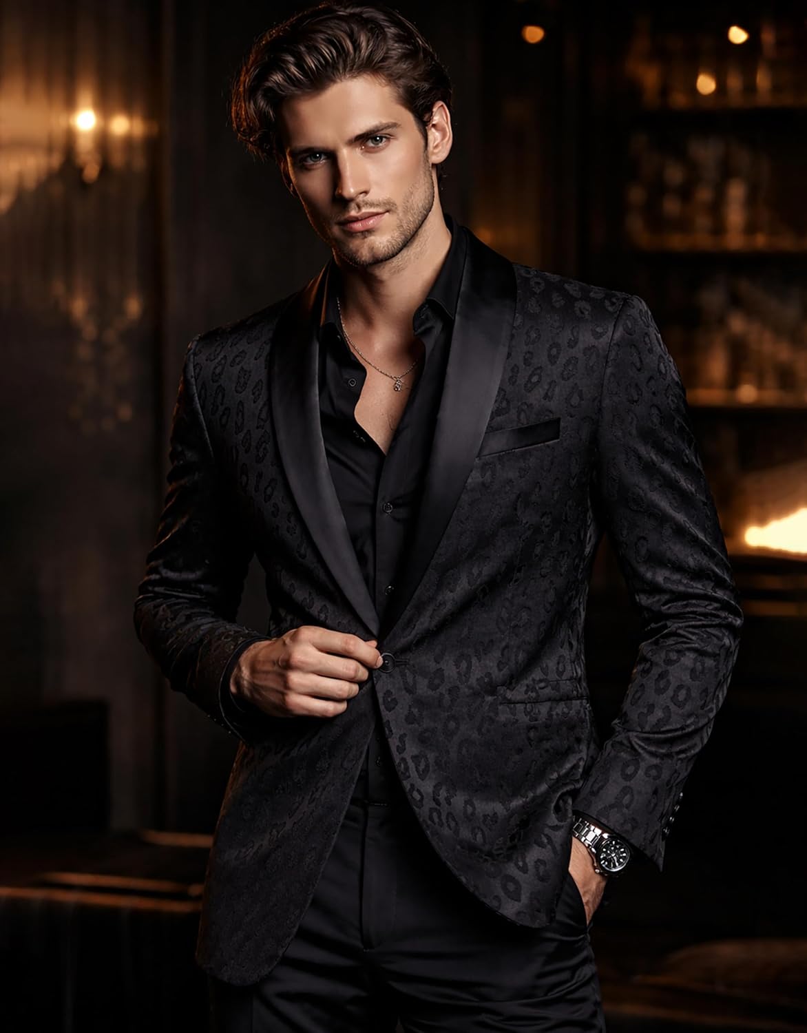 Men's Black 2 Piece Tuxedo Suit Set, Slim Fit One Button Shawl Lapel Leopard Jacquard Suit for Prom Wedding Banquet