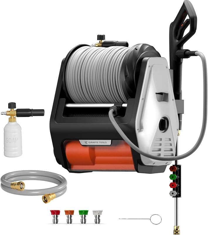 Giraffe Tools Grandfalls Lavadora a presión Pro con mangueras de 100 pies, plateado claro | Lavadora a presión de montaje en pared con manguera retráctil, 3700PSI, lavadora eléctrica de 1,6GPM con motor sin escobillas de 1800W, 5 boquillas