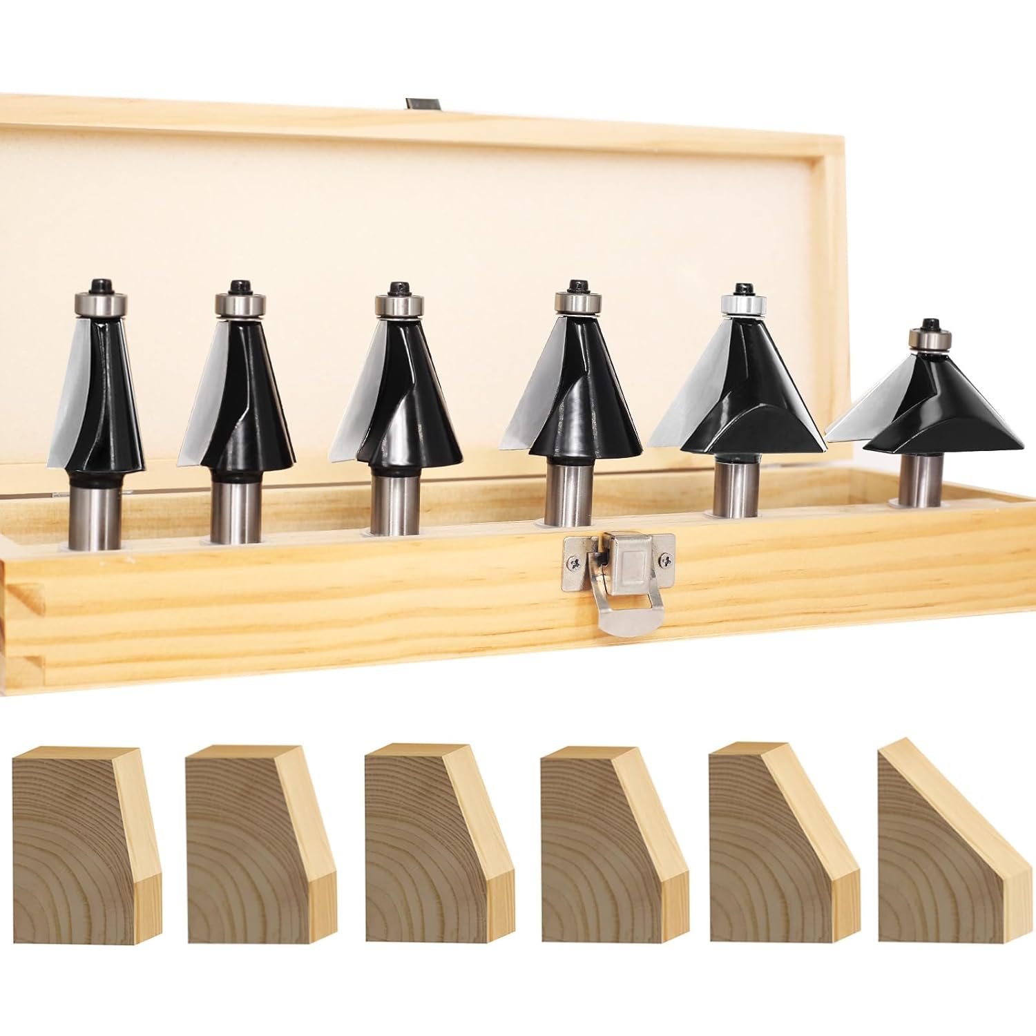 6PCS Chamfer Router Bit Set 1/2 Shank, Carbide 2-Flute Chamfer Cut, Edge Forming Bevel Router Bit, Chamfer Bit Miter Angle Router Cutters, for Miter Joints, Deg10° 15° 20° 22.5° 30° 45°