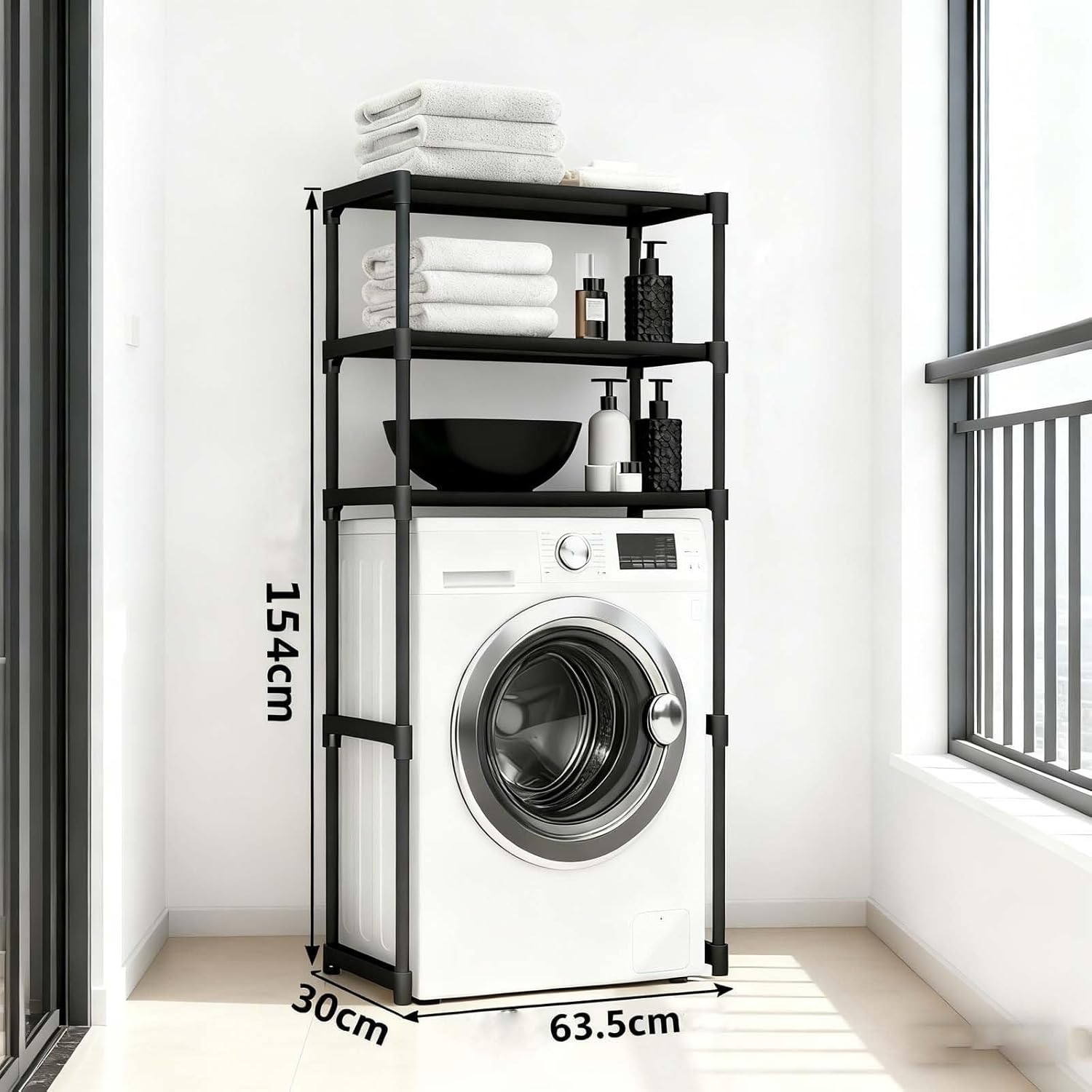 3-Tier Heavy Duty Metal Storage Rack Over Washer, Multi-Purpose Shelving Unit for Bathroom & Kitchen, Space-Saving Organization Solution (Black)