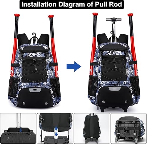Miniatura 8 de JDITVYHANO Bolsa de béisbol con ruedas para adultos, bolsa de béisbol con gancho para cerca, guante de bateo, casco, bolsa de murciélago con
