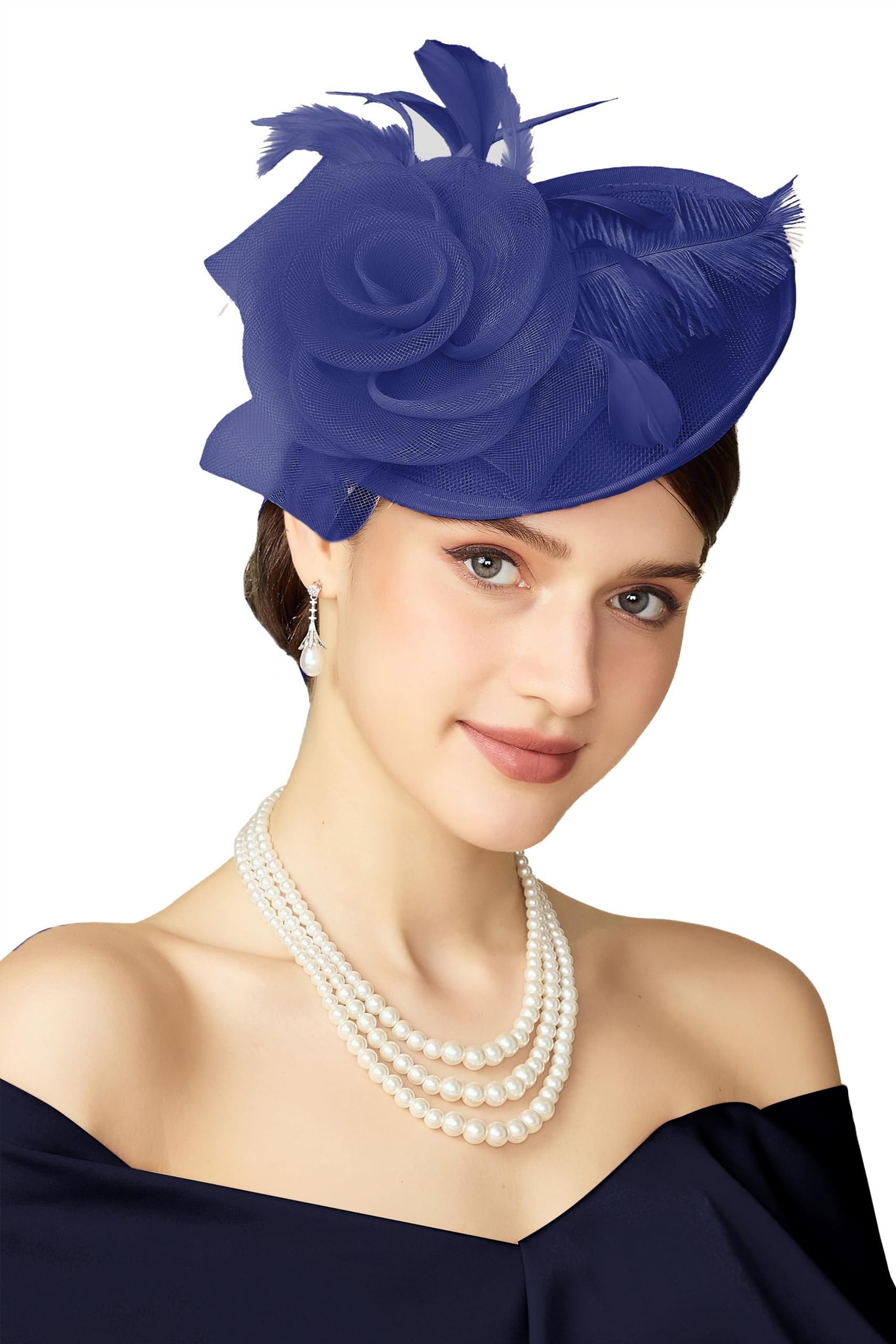 BABEYOND Tocado de mujer con plumas y flores de malla, elegante gorro con clip para el pelo para bodas, día de carrera de damas, fiesta de cóctel