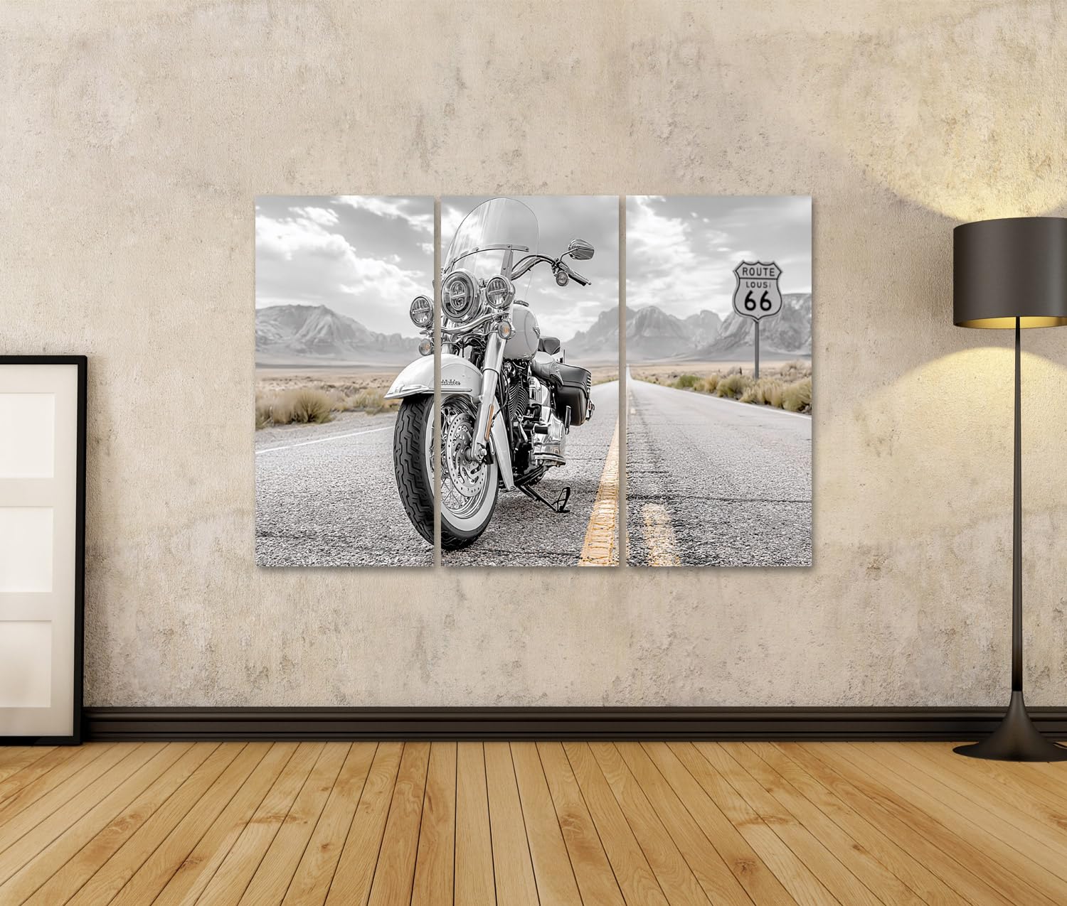 islandburner Tableau sur toile Motif moto aventureuse Route 66 Tableau mural Salon pour les amateurs de liberté - 3 pièces