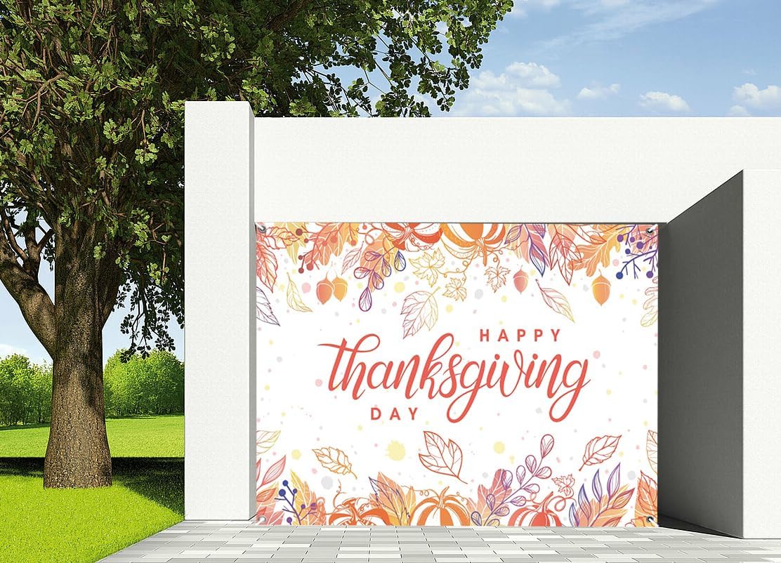 7x8ft Thanksgiving Festive Garage Door Decor Autumn Red Maple Leaves Pumpkin Happy Thanksgiving Day Greeting Garage Door Cover for Family Gathering Photo Shoots Seasonal Decor
