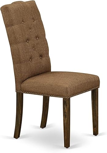 Miniatura 5 de East West Furniture ELP7T18 Elsa Parson - Juego de 2 sillas de comedor acolchadas de tela de lino marrón con ribete de clavos y botones copetudos,