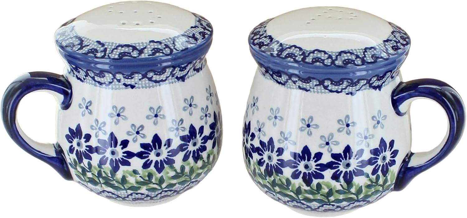 Blue Rose Polish Pottery - Blue Tulip Salt & Pepper Shakers with Handles - 3.75" Tall - Hand-Painted Ceramic Seasoning Set for Table & Kitchen
