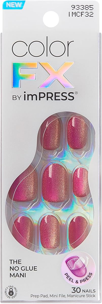 Kiss colorFX by Impress Press On Nails, Walk Out, 30 No Glue Peel and Stick Nails Kit with IMPROVED Adhesive, Pink Short Oval Pearlescent Effect, Includes Prep Pad, Manicure Stick & Mini File