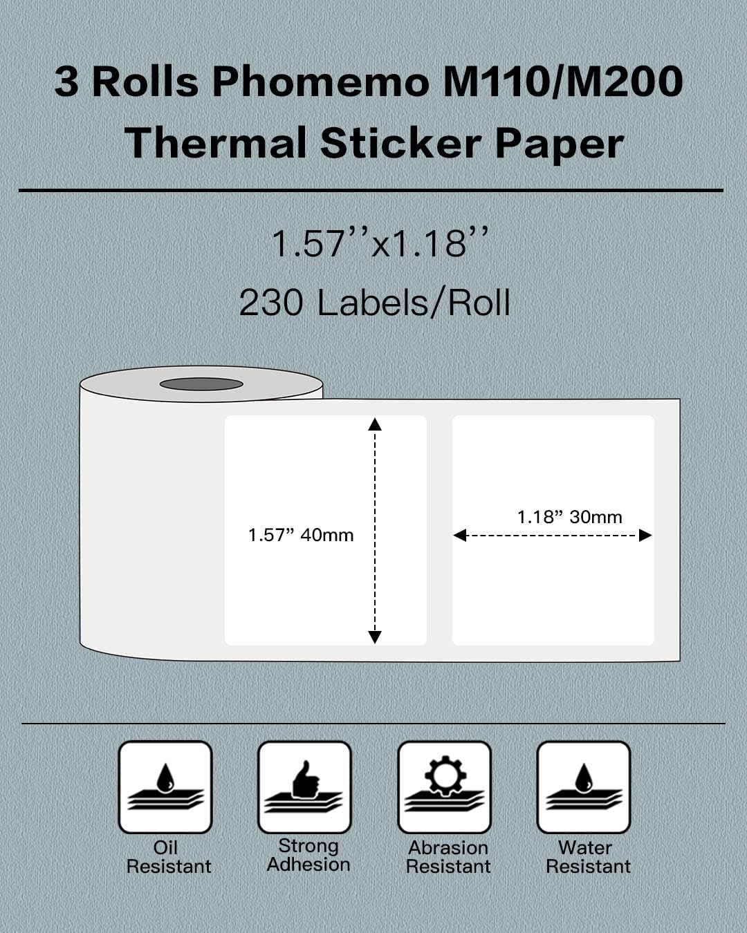 Phomemo 3 Rolls M110/M221/M220/M120/M200/M110S Thermal Paper 1.57"x1.18"(40x30mm)- Multi-Purpose Square Self-Adhesive Label, 230 Labels/Roll, Black on White