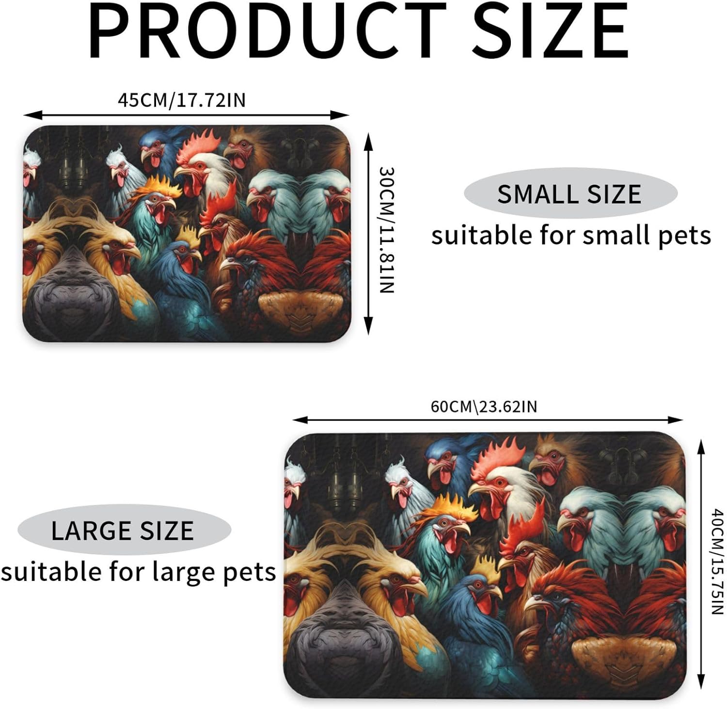 40x60cm Pet Absorbent Feeding Mat - Colorful Roosters Standing Together Print Leather Non-Slip Placemat, for Dog Cat Food and Water Bowl Pads