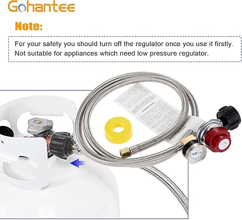 Miniatura 6 de gohantee Regulador de propano ajustable de alta presión de 5 pies 0-30 PSI con manguera de calibre y cinta de rosca de línea de gas amarilla para