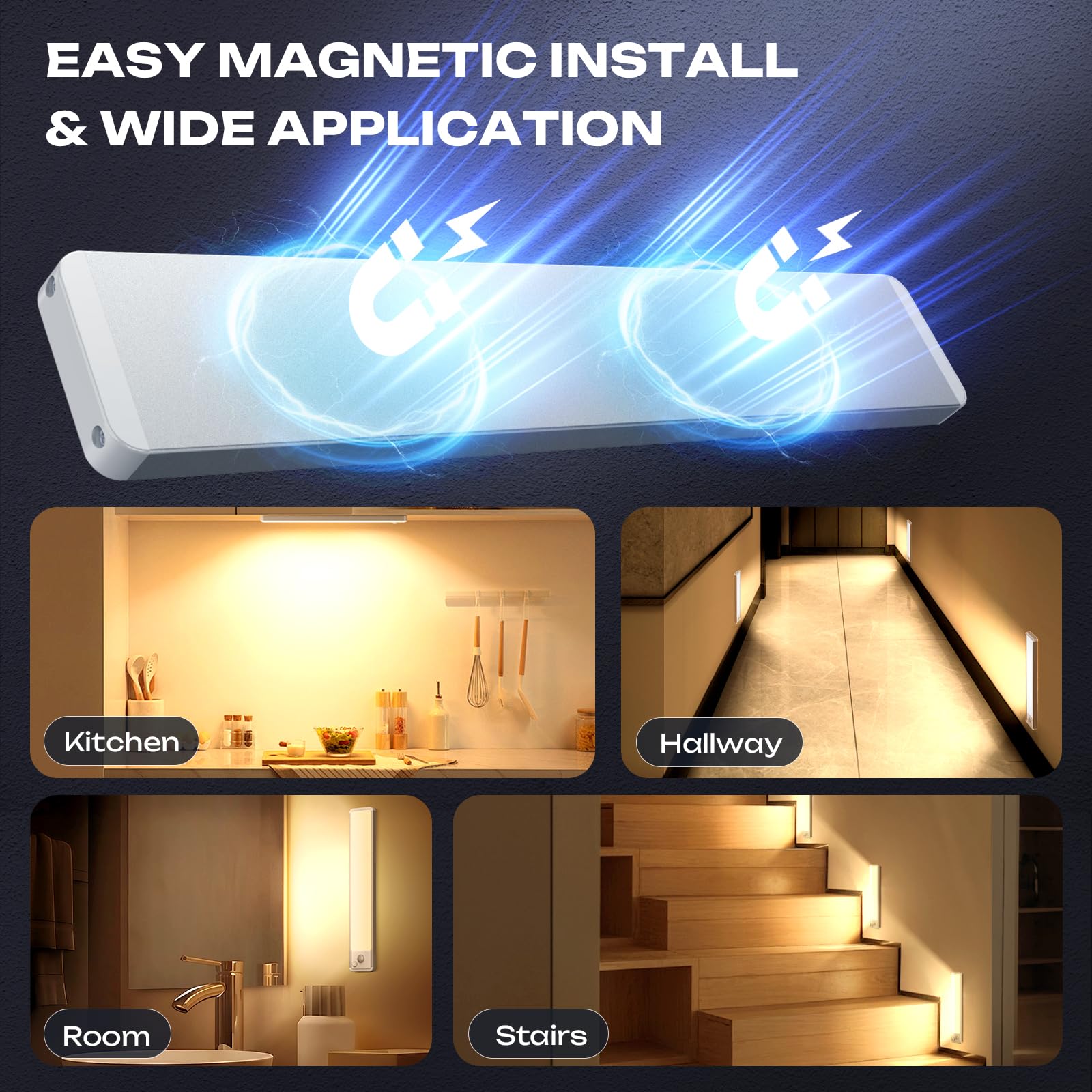 5 paquetes de iluminación debajo del gabinete, luz con sensor de movimiento de 10 pulgadas para interiores, luces de clóset recargables de 1800 maAh para cocina, escaleras