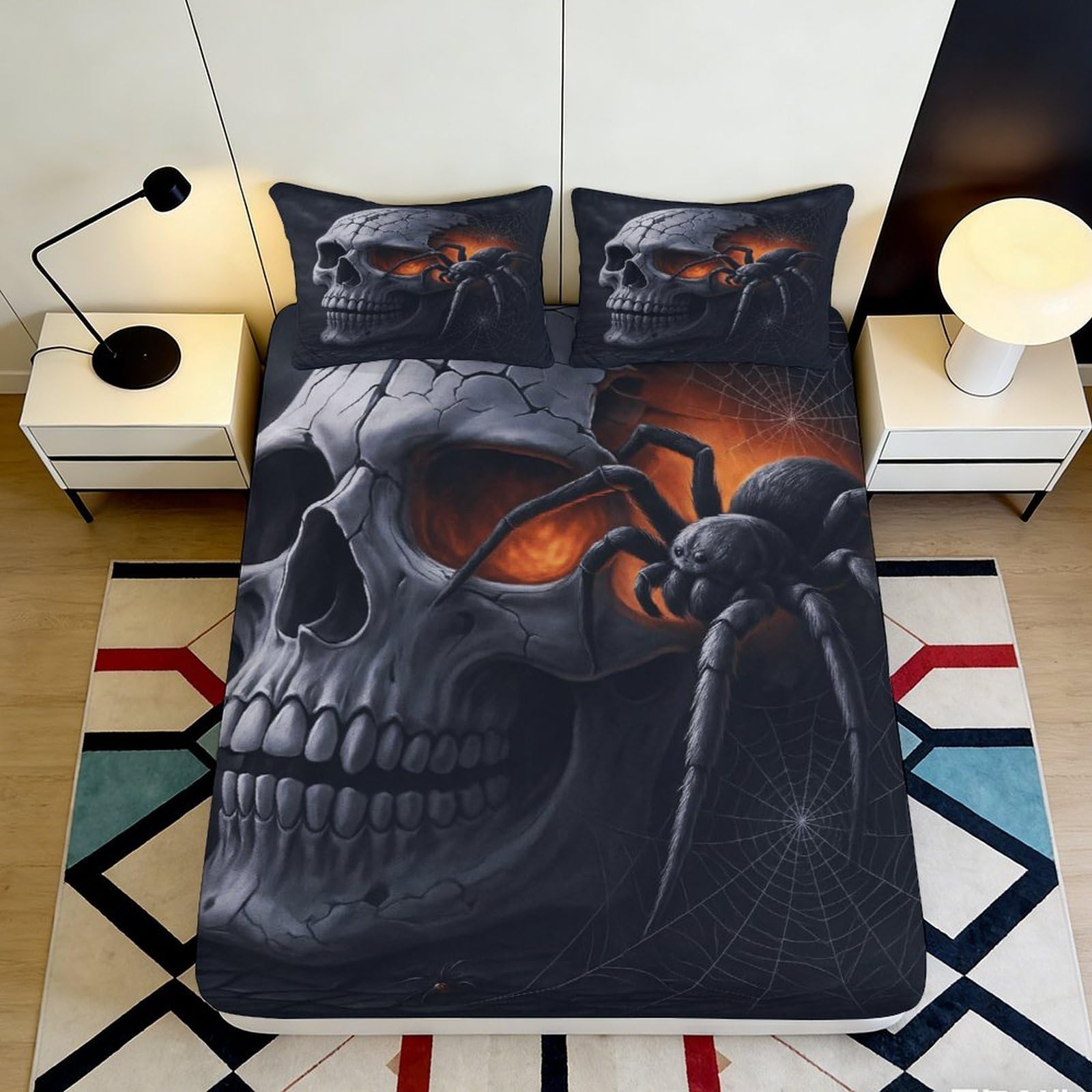 3D Printed Skull Spider Fitted Sheet Microfiber Dark Gothic Mattress Cover for Bedroom Dorm Protection Decor 90x200x25cm