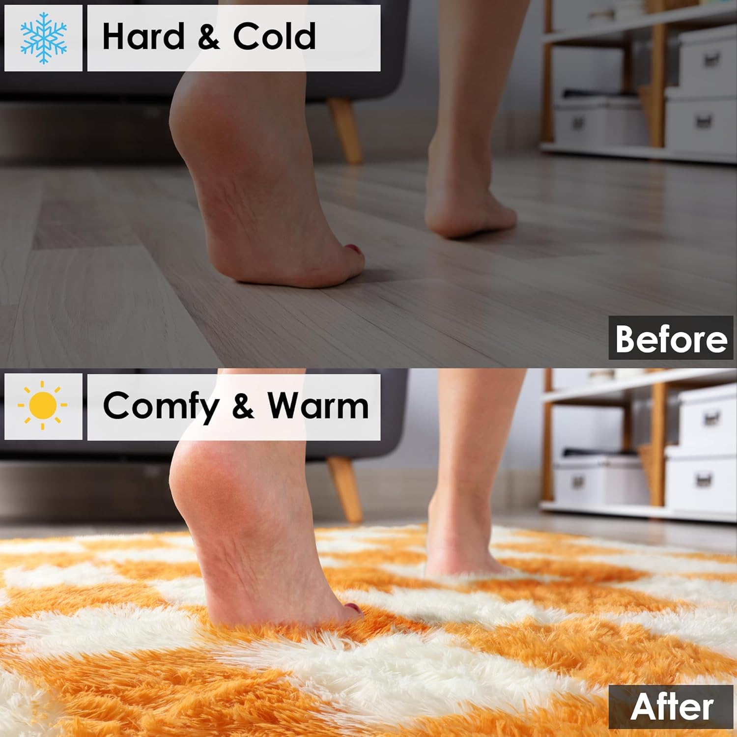 KICMOR 4x6 Rugs for Bedroom Living Room, Orange and Cream White Fluffy Fuzzy Checkered Shag Area Rug Shaggy Bedside Carpet, Furry Plush Soft Rug for Kids Boys Girls Room Nursery Playroom Home Decor