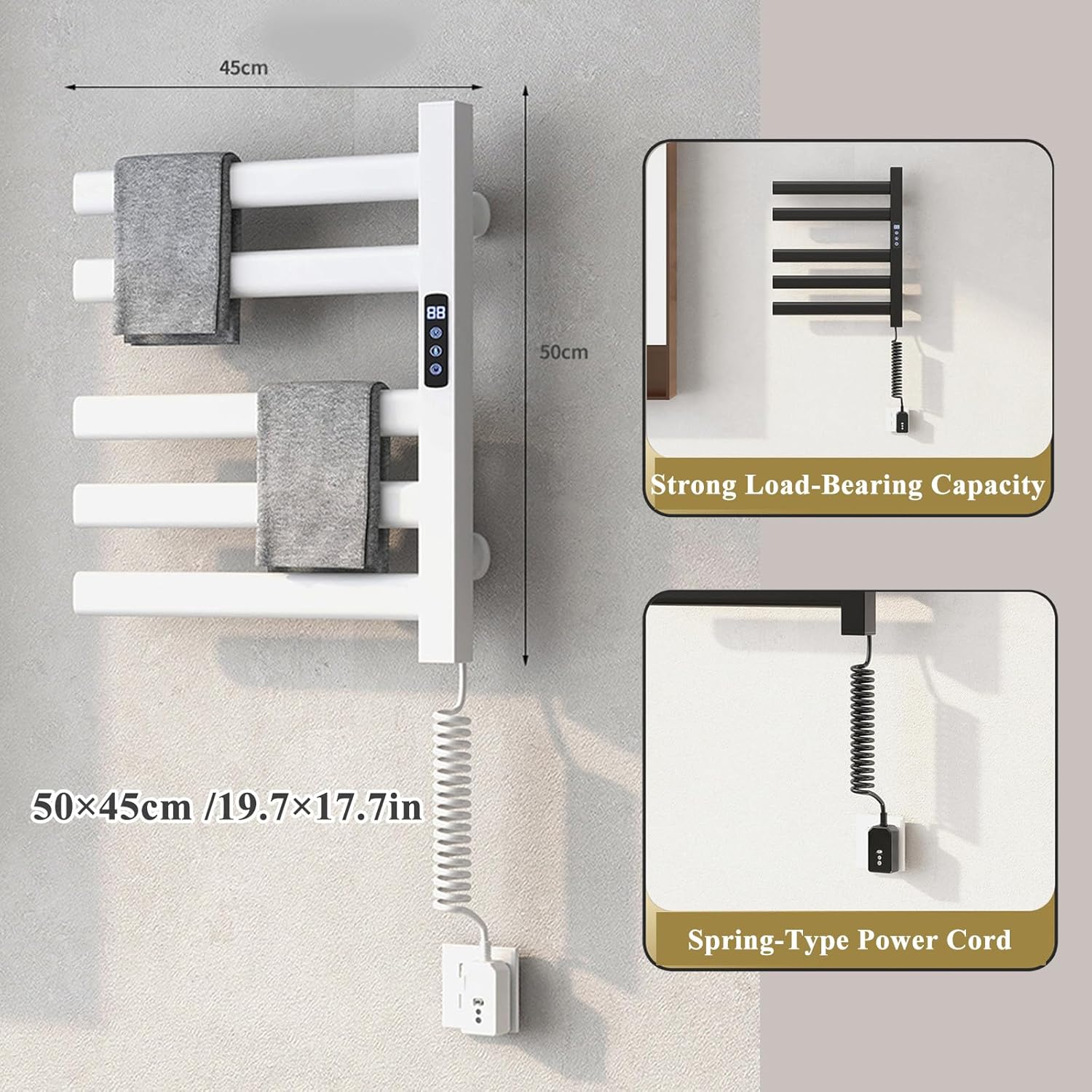 Electric Towel Warmer for Bathroom, Wall-Mounted 5-Bar Heated Towel Rack, Plug-in with Smart Temperature Control & Timer, Stylish White Design