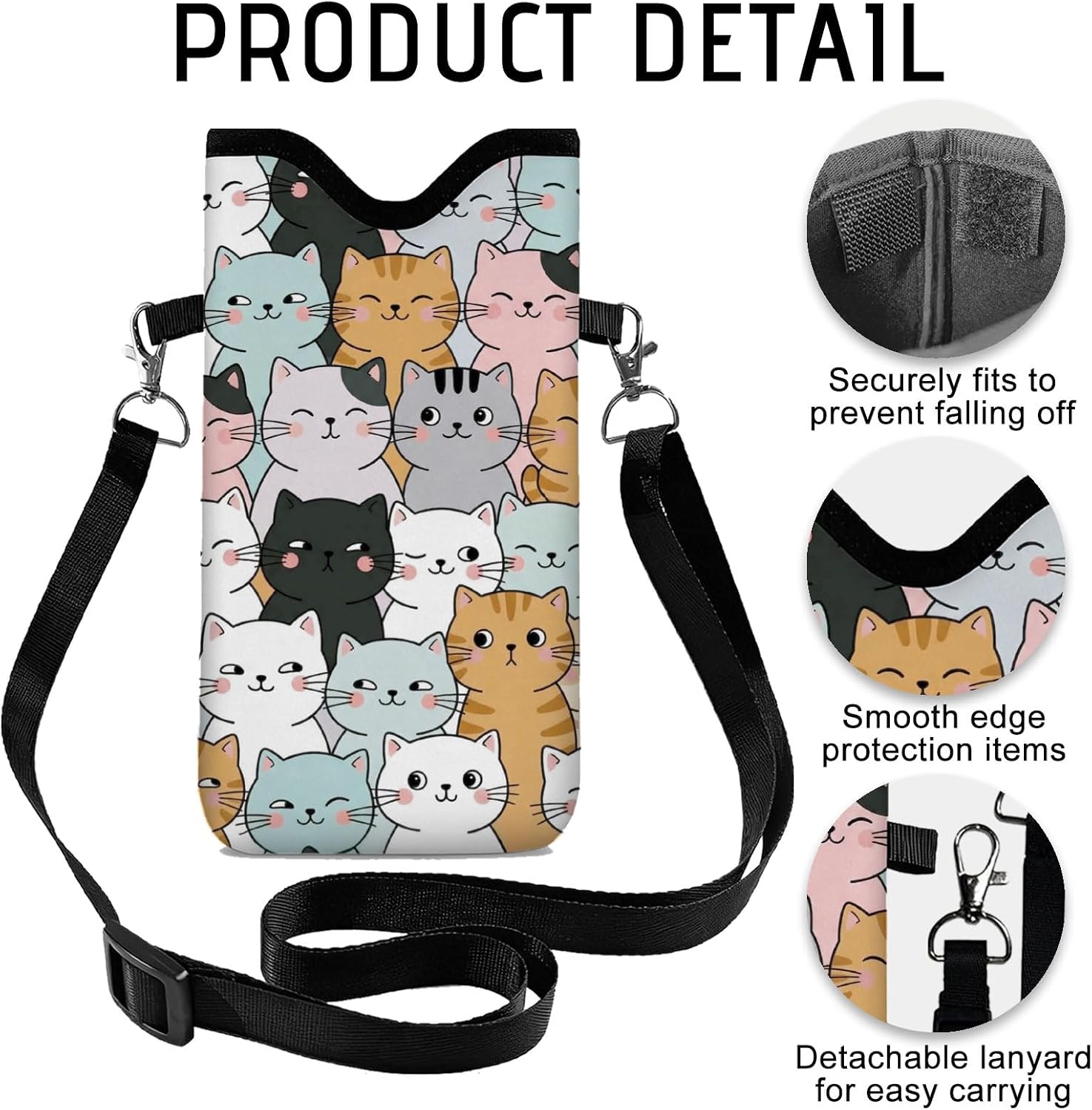 GLOBLELAND Cute Cats Nylon Cell Phone Sleeve Pouch Case Bag 7.1×3.9 inch Cartoon Animals Shockproof Universal Phone Bag with Crossbody Strap Neck Lanyard for Women Men Phone Headphones Watch