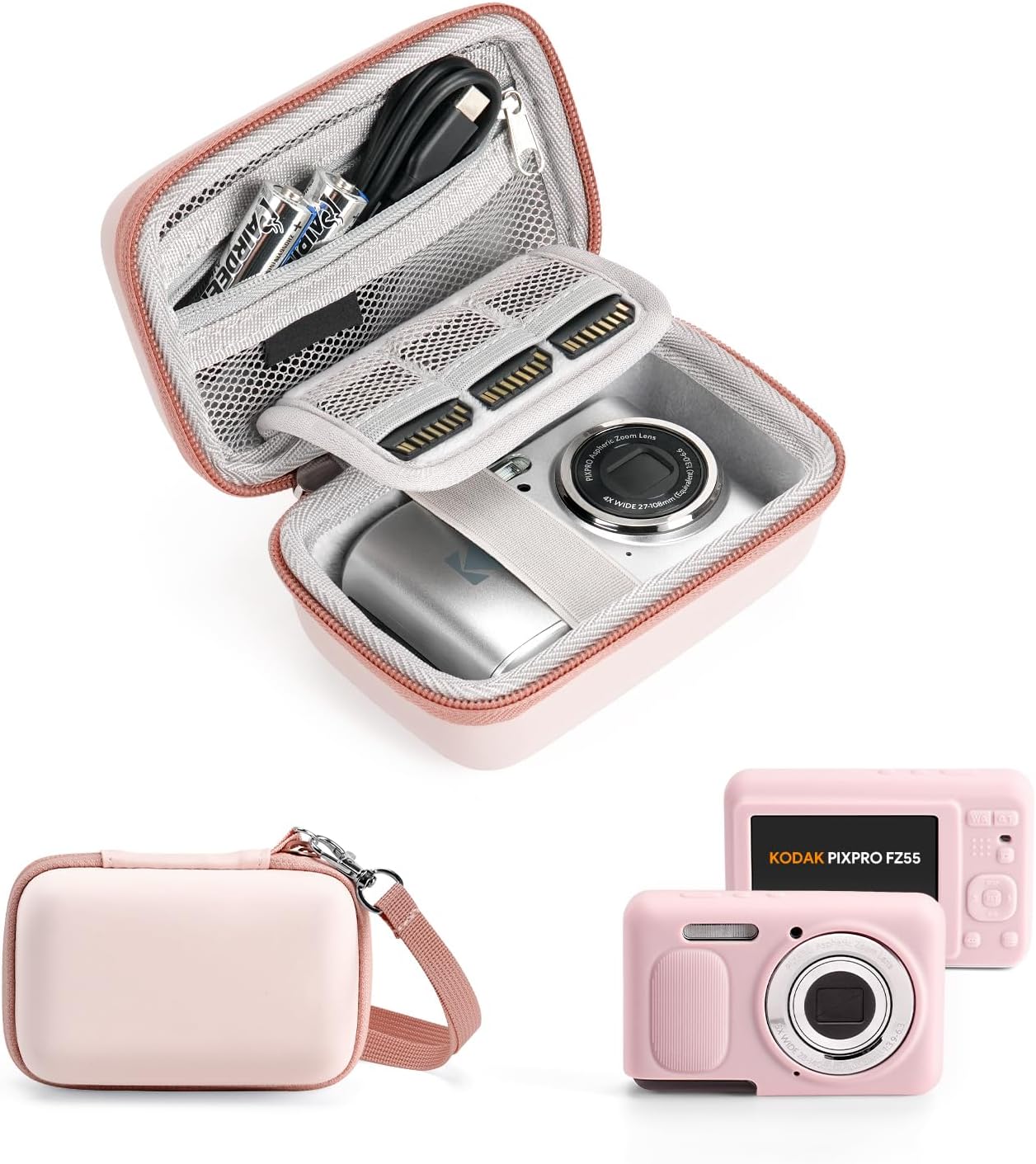 KODAK PIXPRO FZ55 Case Kit – Hard Travel Camera Case + Soft Silicone Cover for Kodak PIXPRO FZ55, Organized Accessory Storage, Anti-Scratch Slim Fit Camera Cover, Lightweight & Durable, Pink