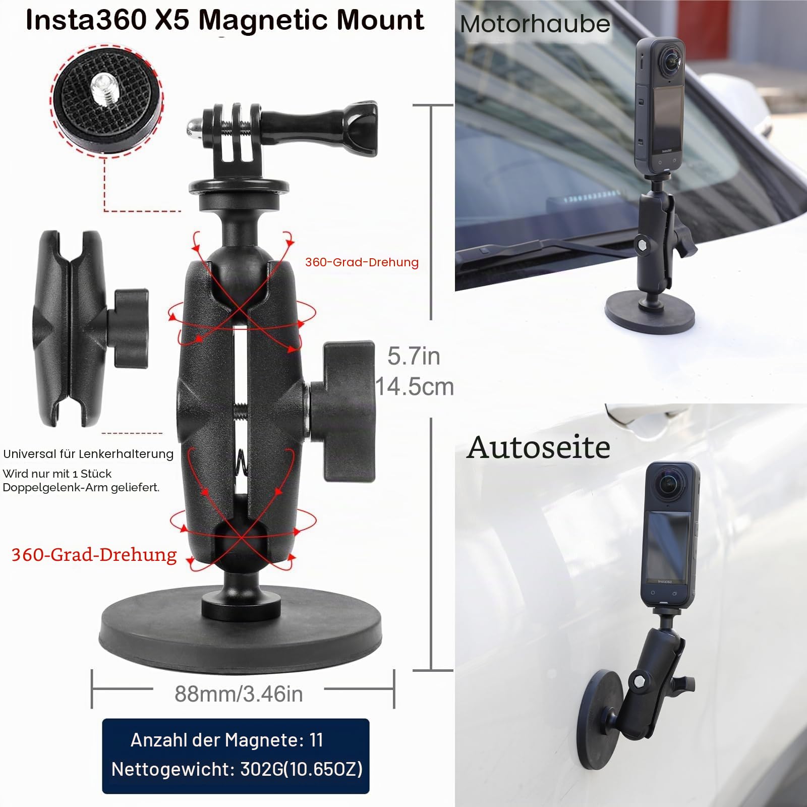 PellKing Zubehör-Set für insta360 X5, inklusive Tragetasche mit Gürtel, 2 Stück Metall 1/4" Adapter, Lenkerklemme, Magnetische Halterung, 109,2 cm Selfie Stick, Brustgurt, Kopfband, Rucksackhalterung