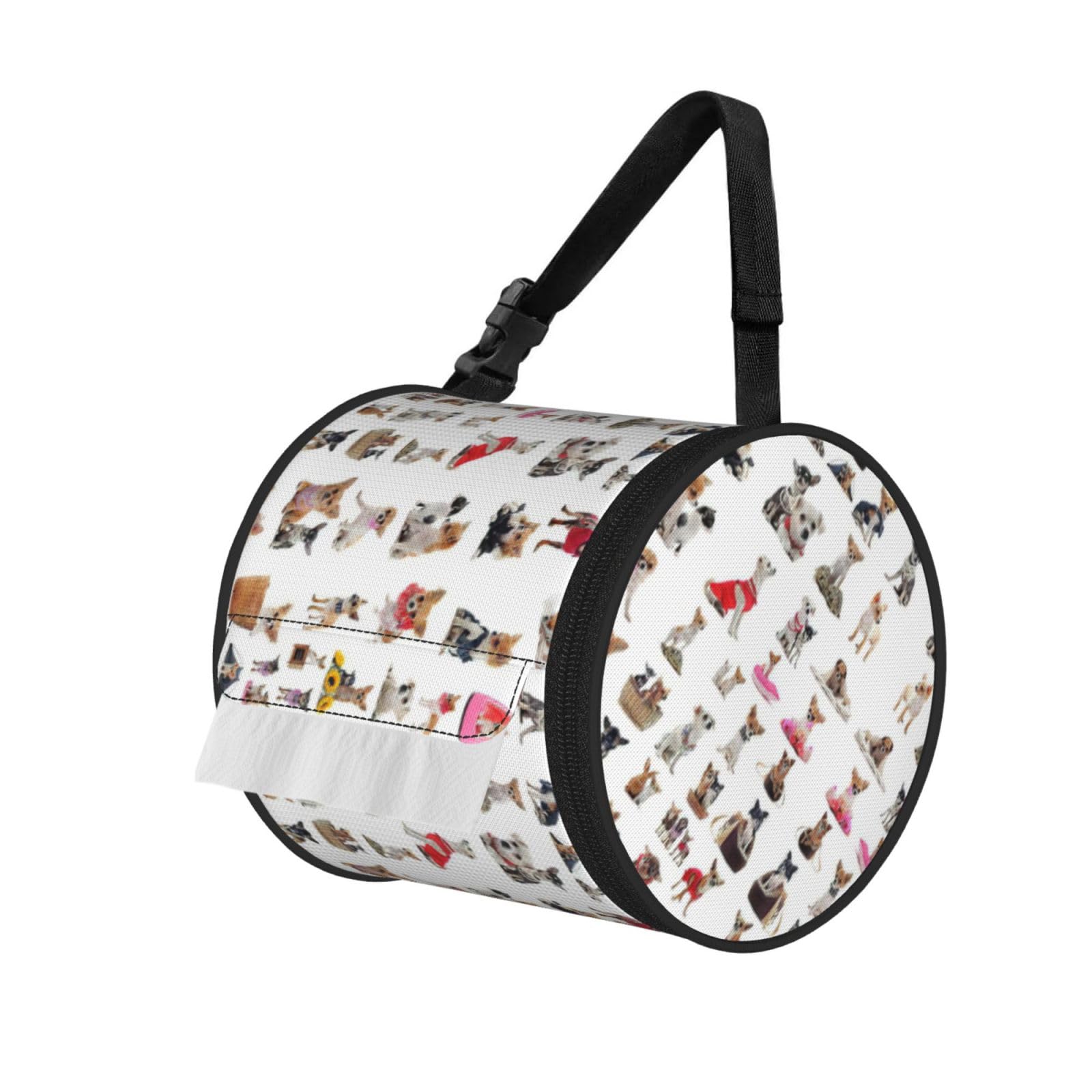 Cute Chihuahua Pug Pattern Printed Roll Paper Carrier Bag, Foldable Oxford Cloth Tissue Case for Camping Hiking Backpack