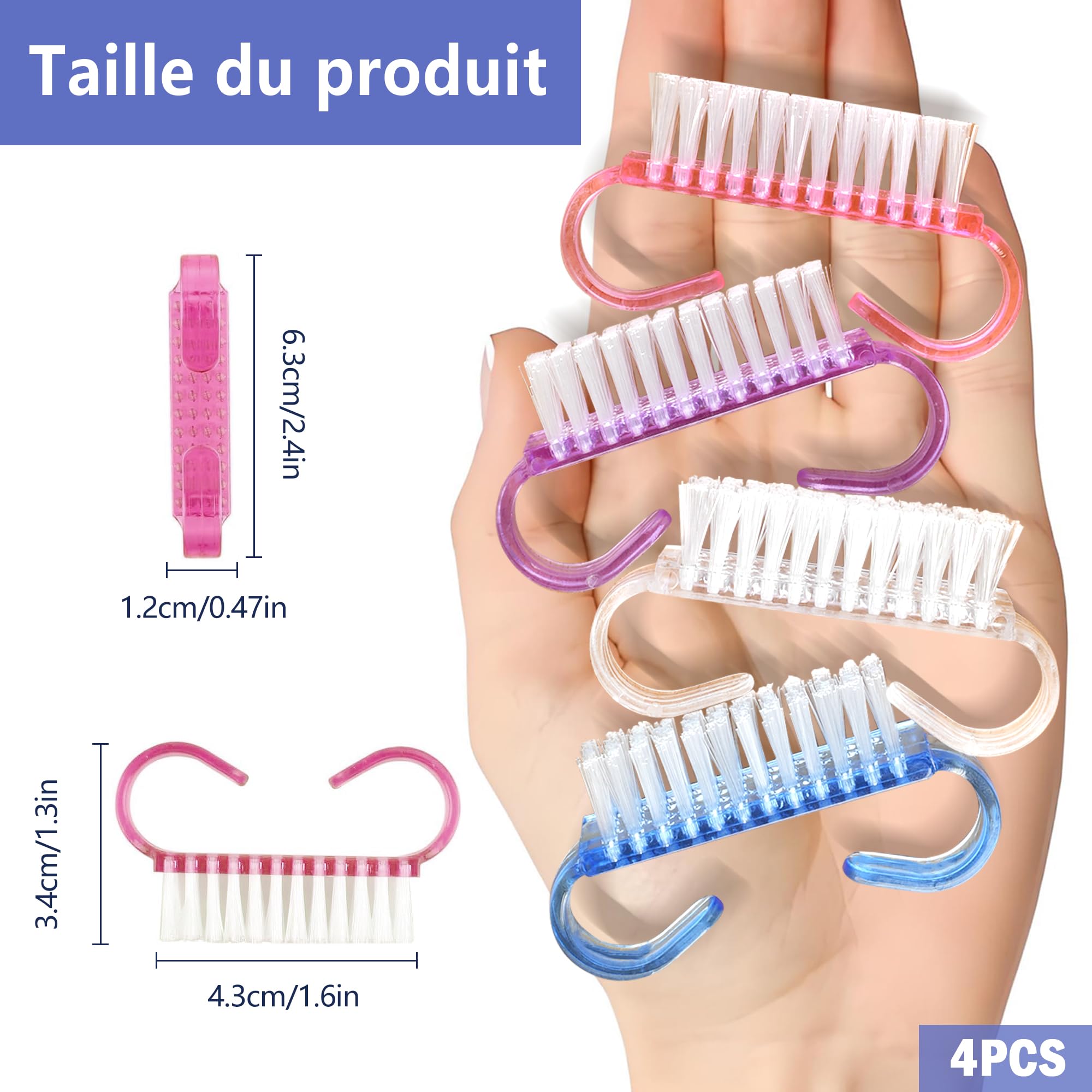 Set de 4 Brosses à Ongles à Manche, Brosses de Nettoyage pour Ongles, Brosse Manuelle Ergonomique pour Soins des Ongles, Nettoyage et Manucure, Brosse de Nettoyage pour Mains, Pinceau Nail Art