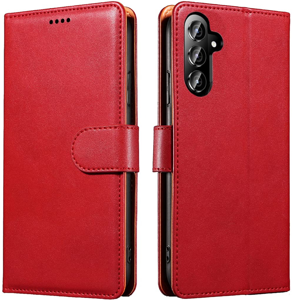 iWEOCO for Samsung A16 5G Case Wallet Genuine Leather Anti-Theft RFID Blocking Stand Strong Magnetic Clasp Closure Cash Credit Card Slots Protective Samsung A16 5G Wallet Case (Red)