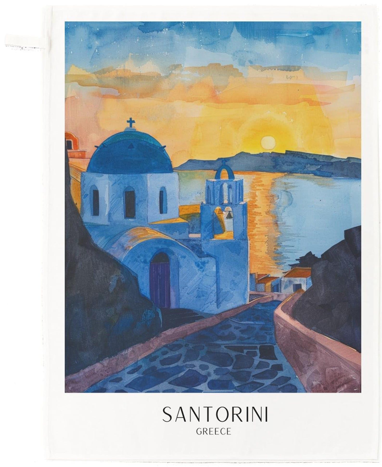 Half A Donkey White Santorini Sunset Tea Towel – 100% Cotton Greek Island Kitchen Cloth