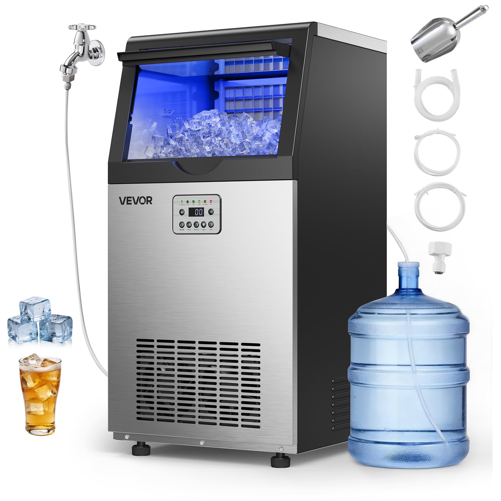 VEVOR Kommerzielle Eismaschine 54 kg/Tag, Eiswürfelbereiter mit 14 kg Eisvorratskapazität, Eiswürfelmaschine aus Edelstahl mit LED-Anzeige und Selbstreinigung, Ideal für Restaurant, Café und Bar